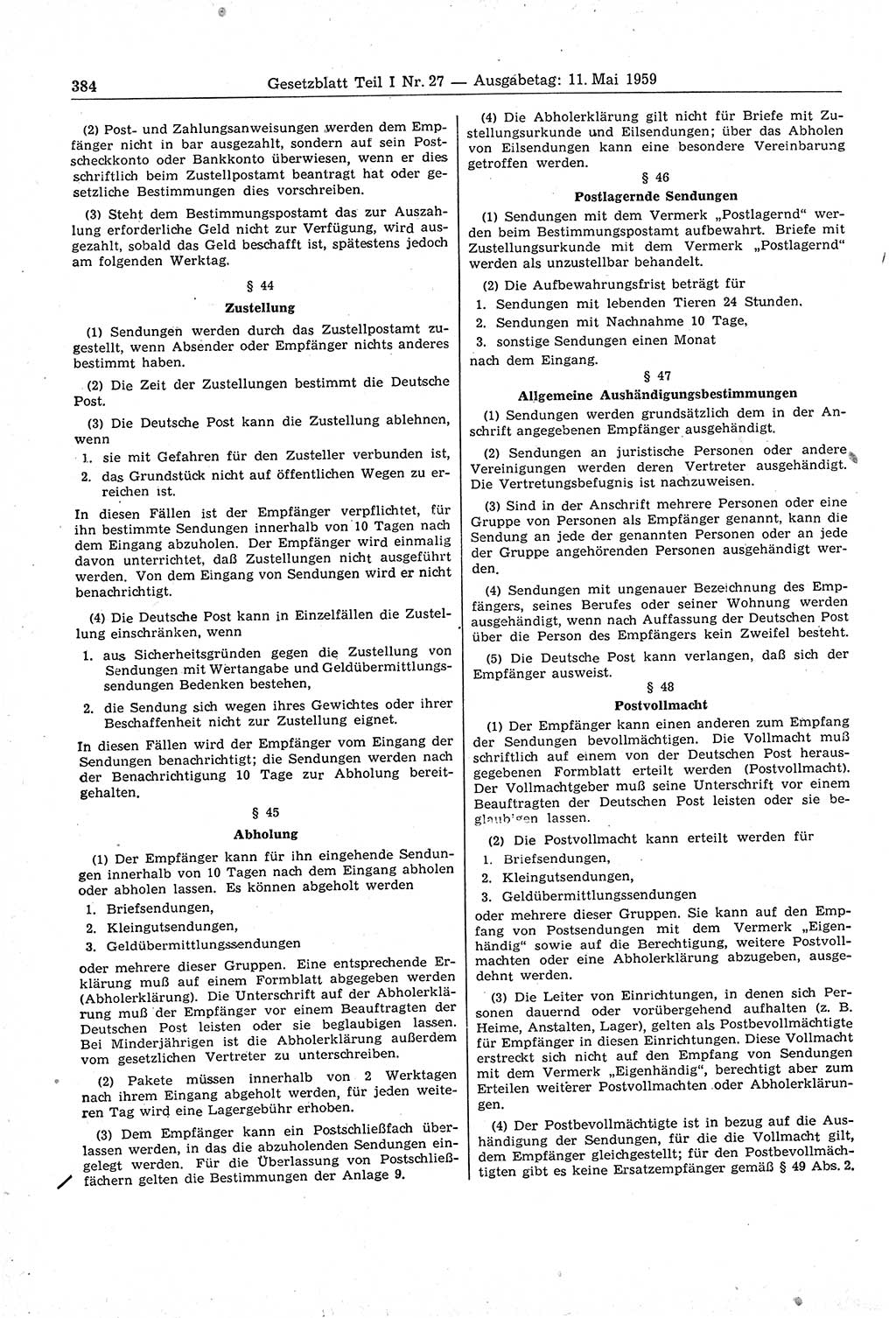 Gesetzblatt (GBl.) der Deutschen Demokratischen Republik (DDR) Teil Ⅰ 1959, Seite 384 (GBl. DDR Ⅰ 1959, S. 384)