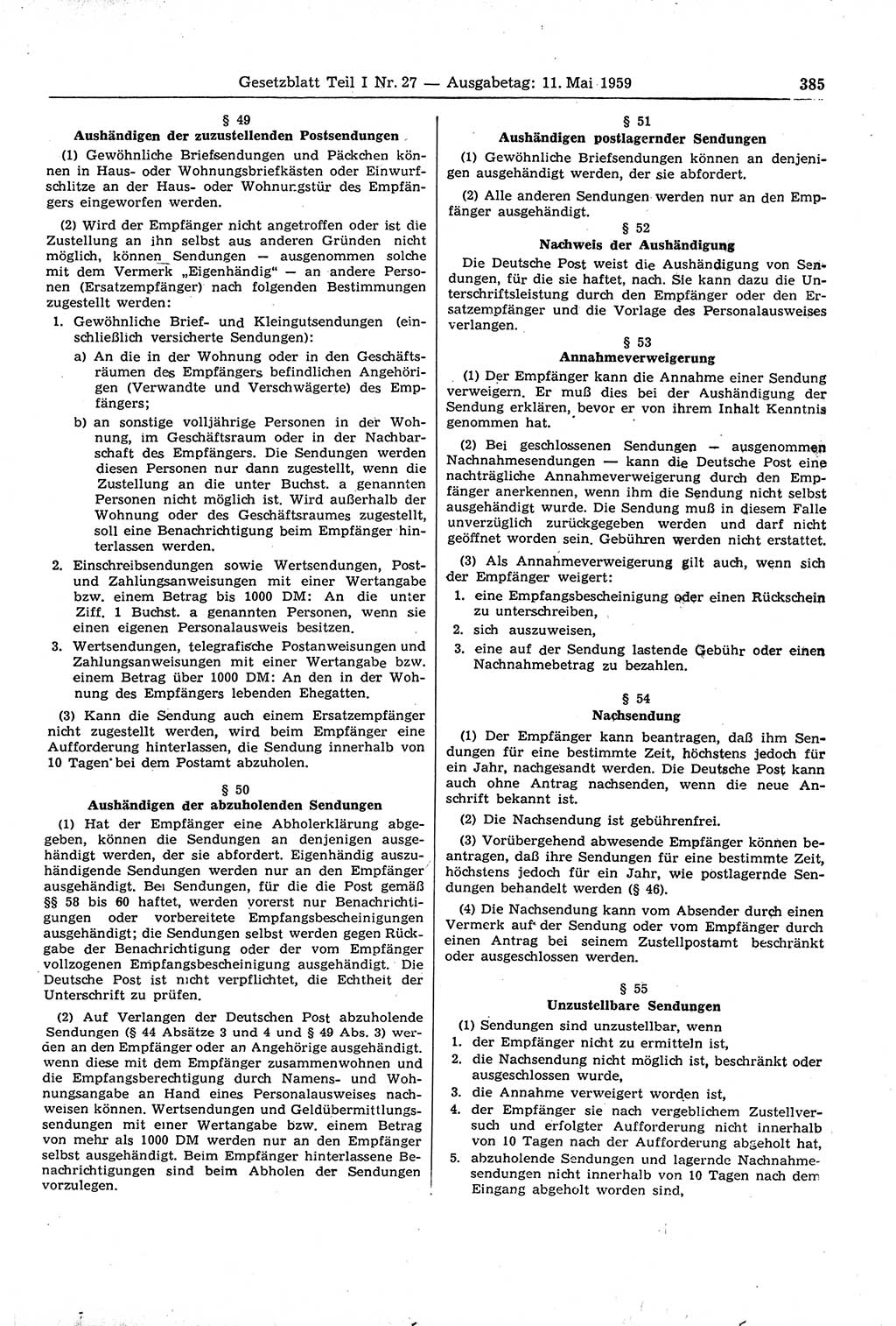 Gesetzblatt (GBl.) der Deutschen Demokratischen Republik (DDR) Teil Ⅰ 1959, Seite 385 (GBl. DDR Ⅰ 1959, S. 385)