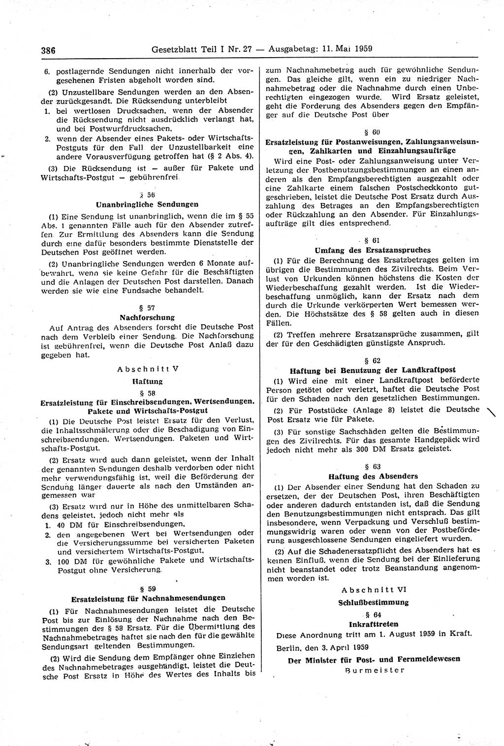Gesetzblatt (GBl.) der Deutschen Demokratischen Republik (DDR) Teil Ⅰ 1959, Seite 386 (GBl. DDR Ⅰ 1959, S. 386)