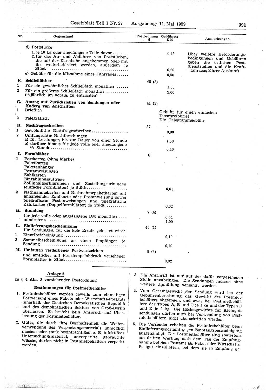 Gesetzblatt (GBl.) der Deutschen Demokratischen Republik (DDR) Teil Ⅰ 1959, Seite 391 (GBl. DDR Ⅰ 1959, S. 391)