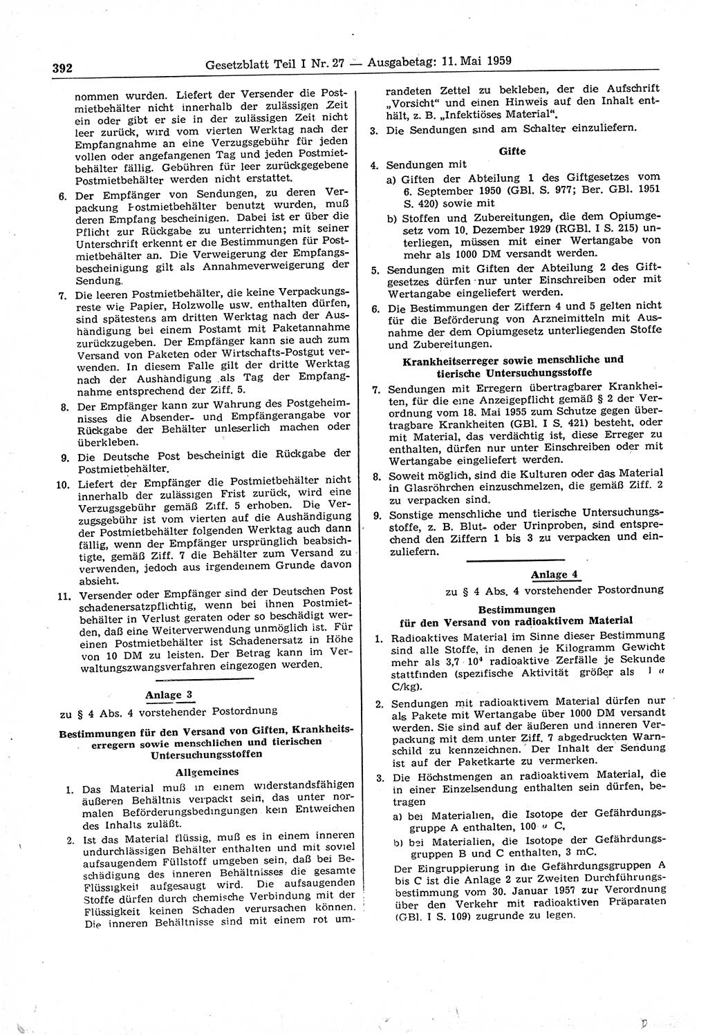 Gesetzblatt (GBl.) der Deutschen Demokratischen Republik (DDR) Teil Ⅰ 1959, Seite 392 (GBl. DDR Ⅰ 1959, S. 392)