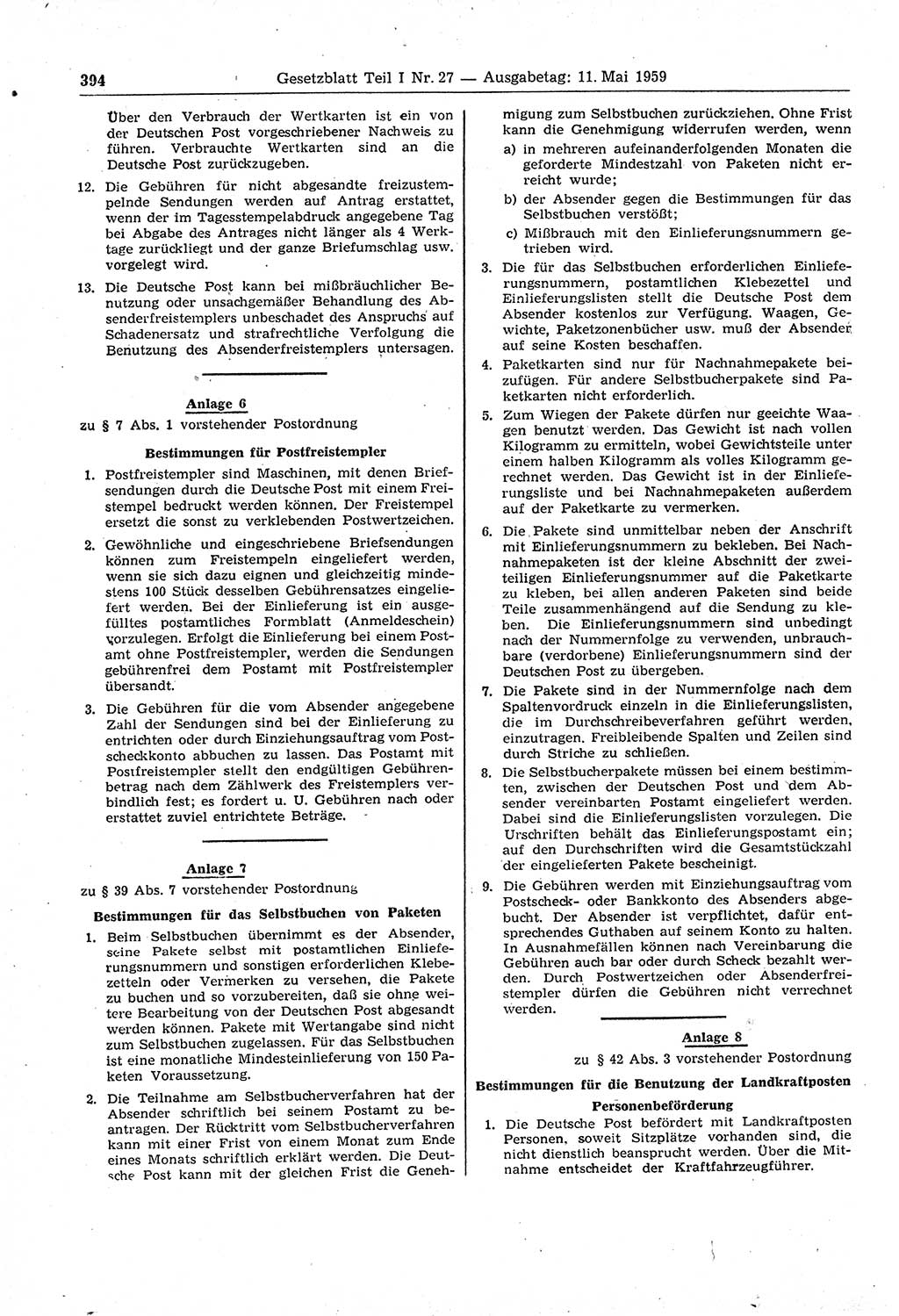 Gesetzblatt (GBl.) der Deutschen Demokratischen Republik (DDR) Teil Ⅰ 1959, Seite 394 (GBl. DDR Ⅰ 1959, S. 394)