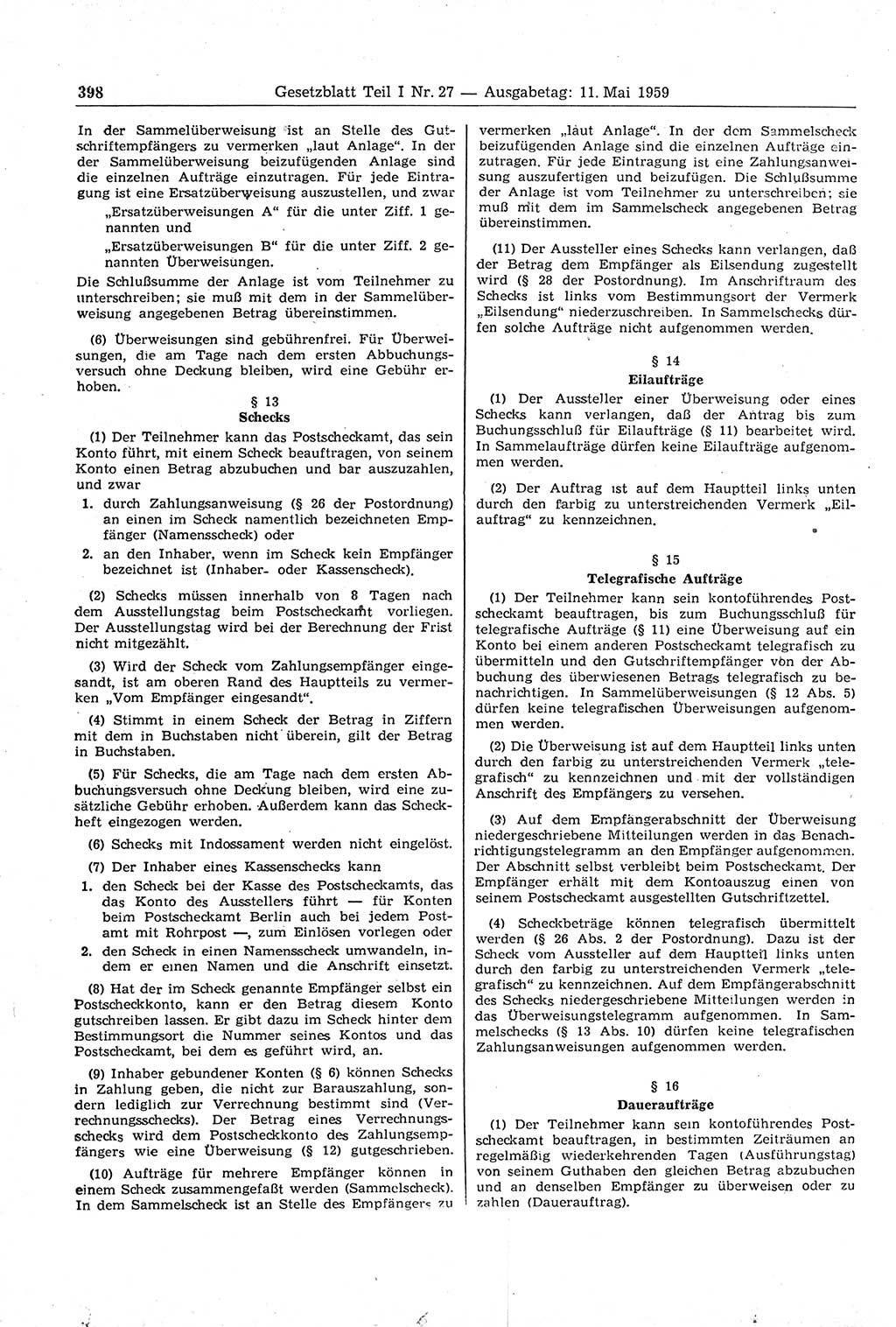 Gesetzblatt (GBl.) der Deutschen Demokratischen Republik (DDR) Teil Ⅰ 1959, Seite 398 (GBl. DDR Ⅰ 1959, S. 398)