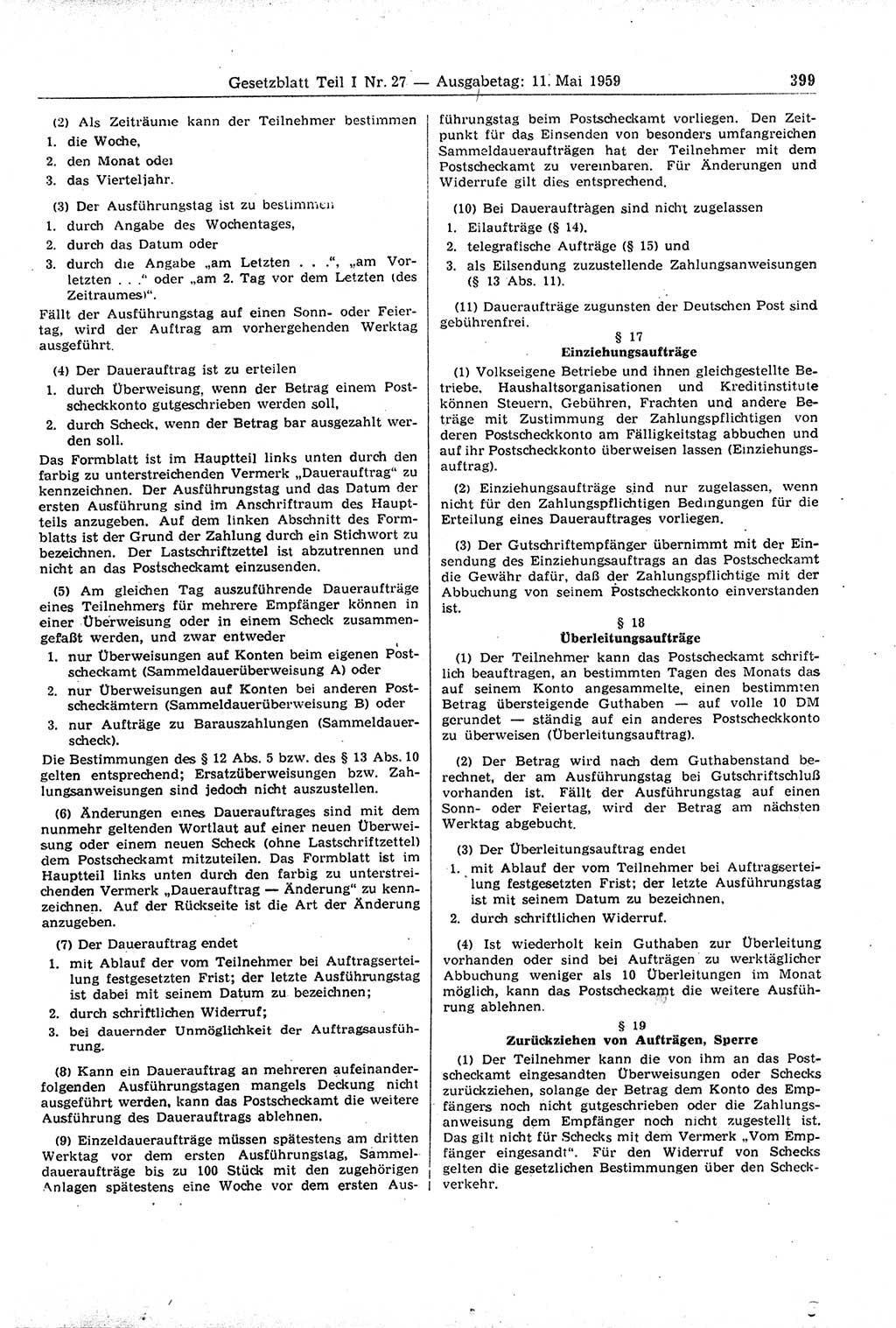 Gesetzblatt (GBl.) der Deutschen Demokratischen Republik (DDR) Teil Ⅰ 1959, Seite 399 (GBl. DDR Ⅰ 1959, S. 399)