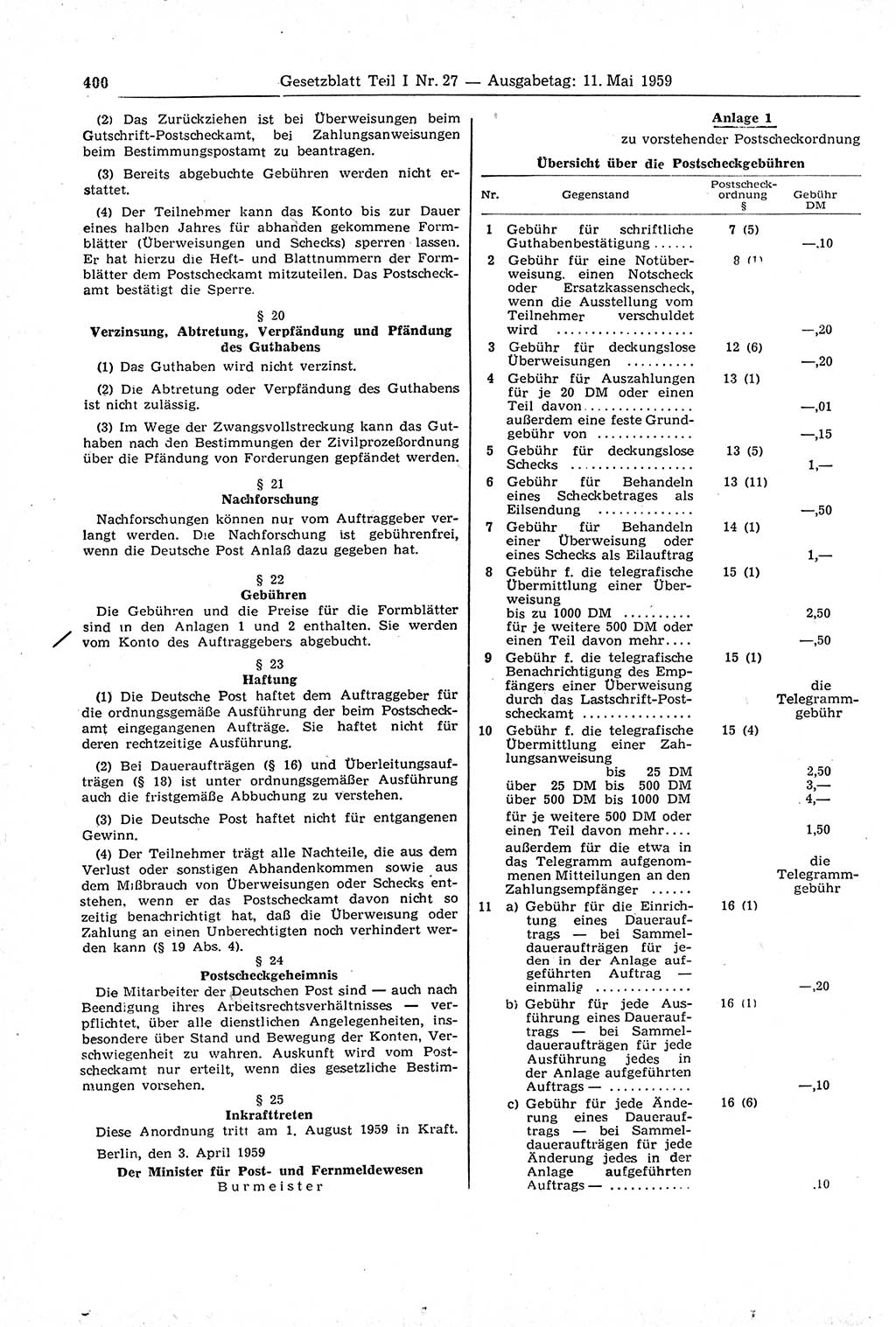 Gesetzblatt (GBl.) der Deutschen Demokratischen Republik (DDR) Teil Ⅰ 1959, Seite 400 (GBl. DDR Ⅰ 1959, S. 400)