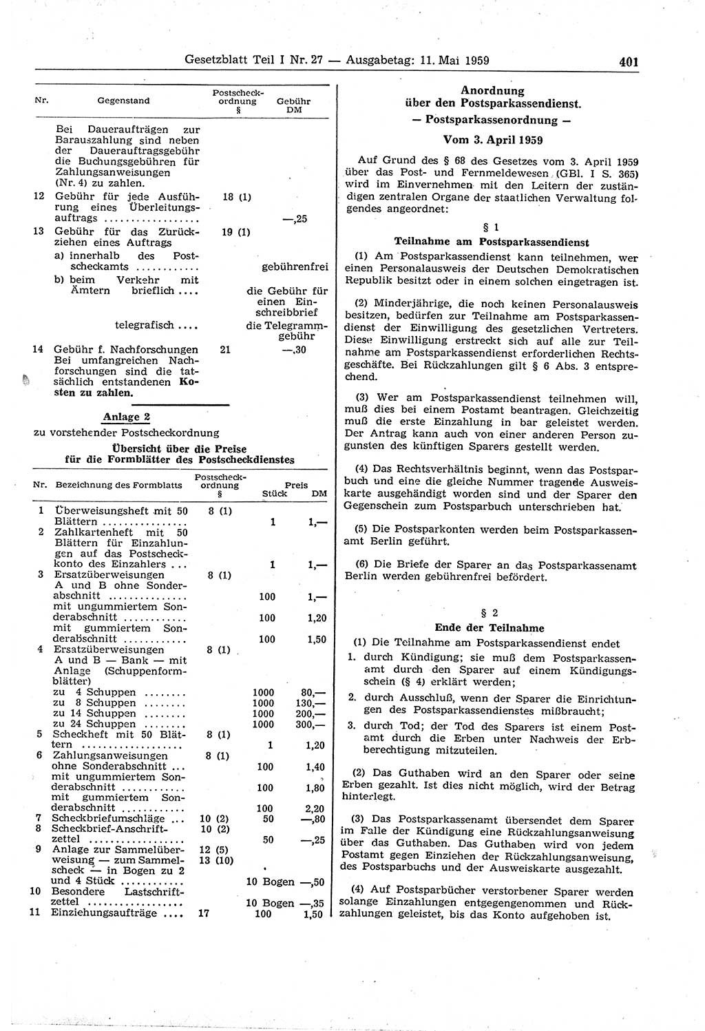 Gesetzblatt (GBl.) der Deutschen Demokratischen Republik (DDR) Teil Ⅰ 1959, Seite 401 (GBl. DDR Ⅰ 1959, S. 401)