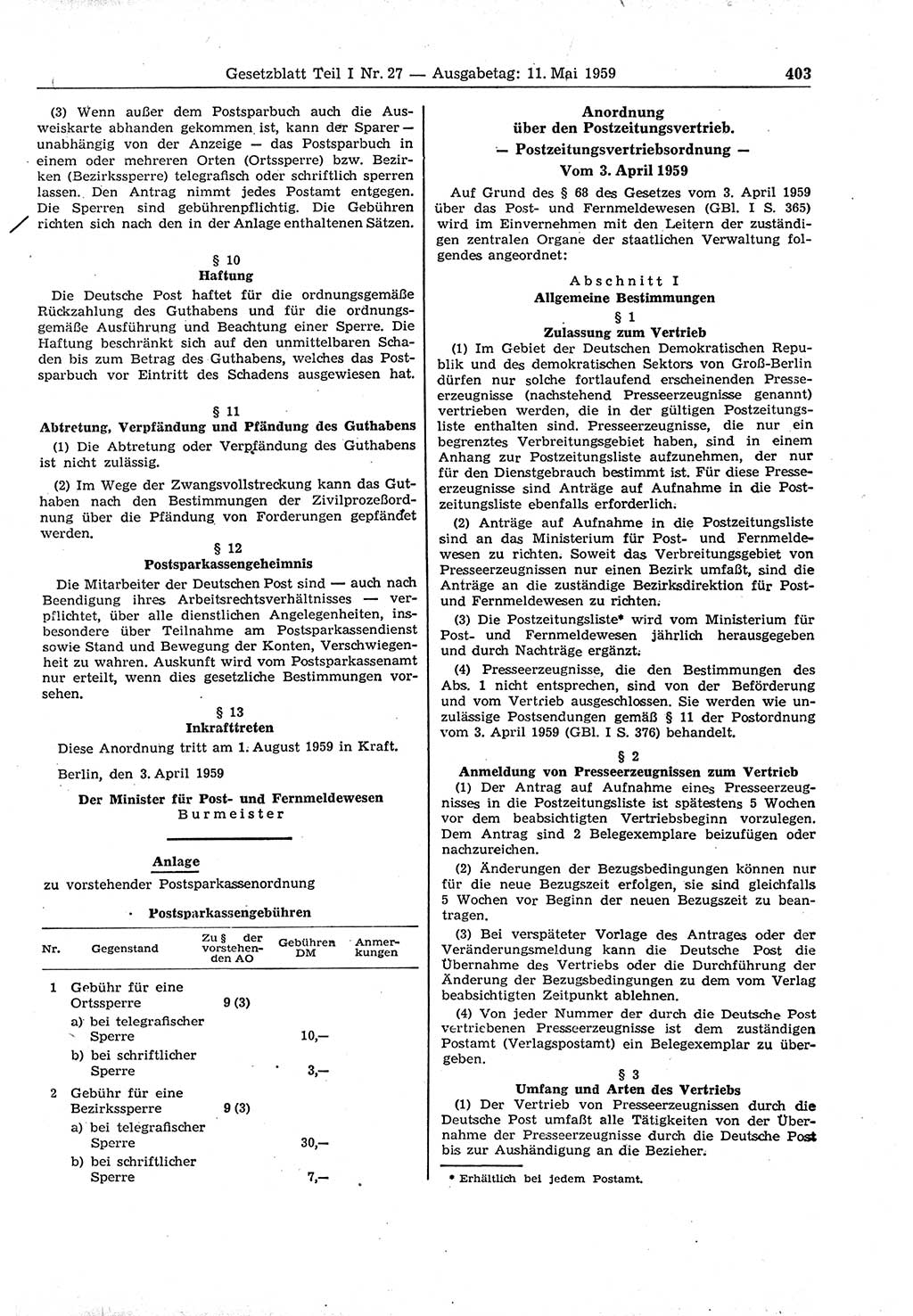 Gesetzblatt (GBl.) der Deutschen Demokratischen Republik (DDR) Teil Ⅰ 1959, Seite 403 (GBl. DDR Ⅰ 1959, S. 403)