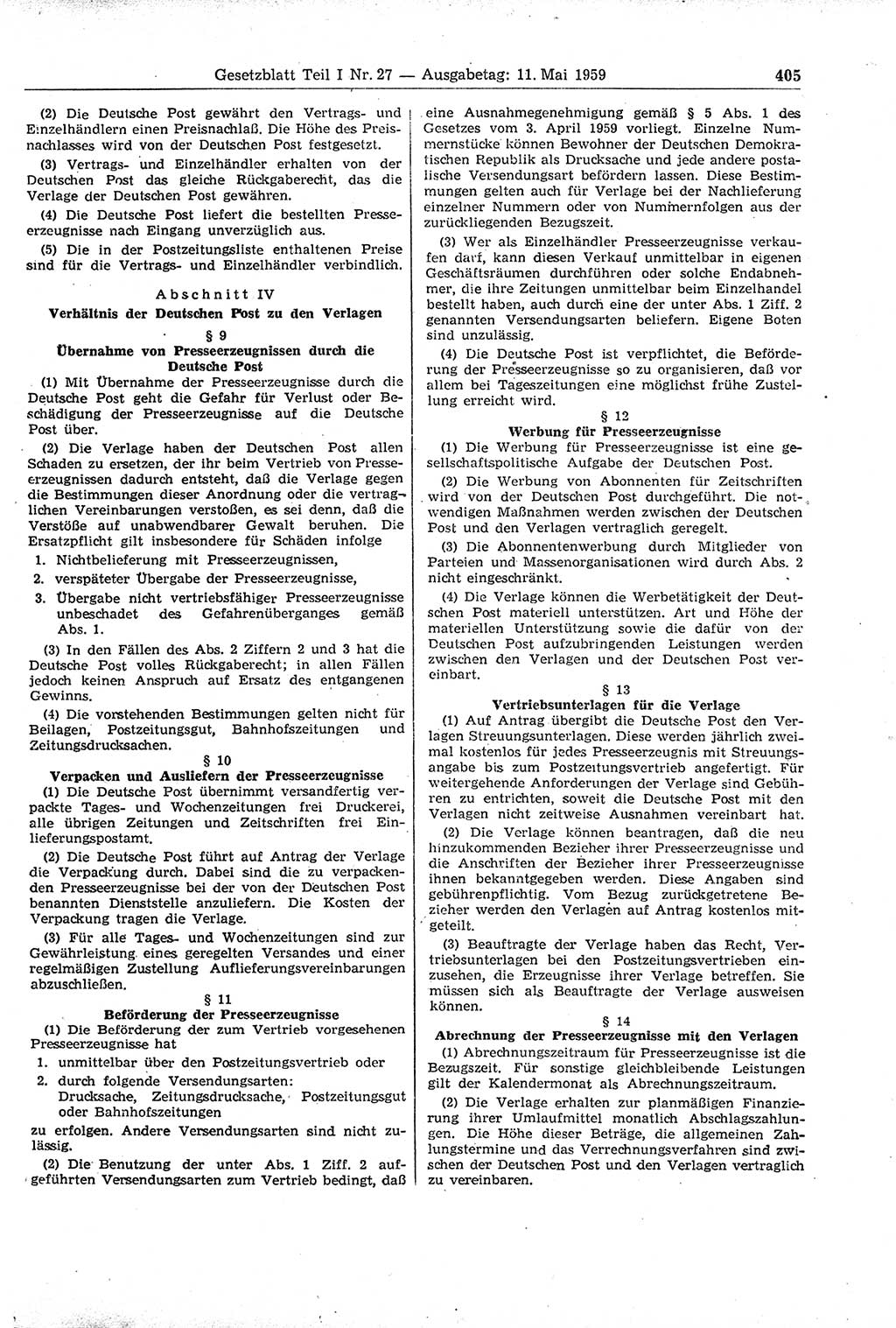 Gesetzblatt (GBl.) der Deutschen Demokratischen Republik (DDR) Teil Ⅰ 1959, Seite 405 (GBl. DDR Ⅰ 1959, S. 405)