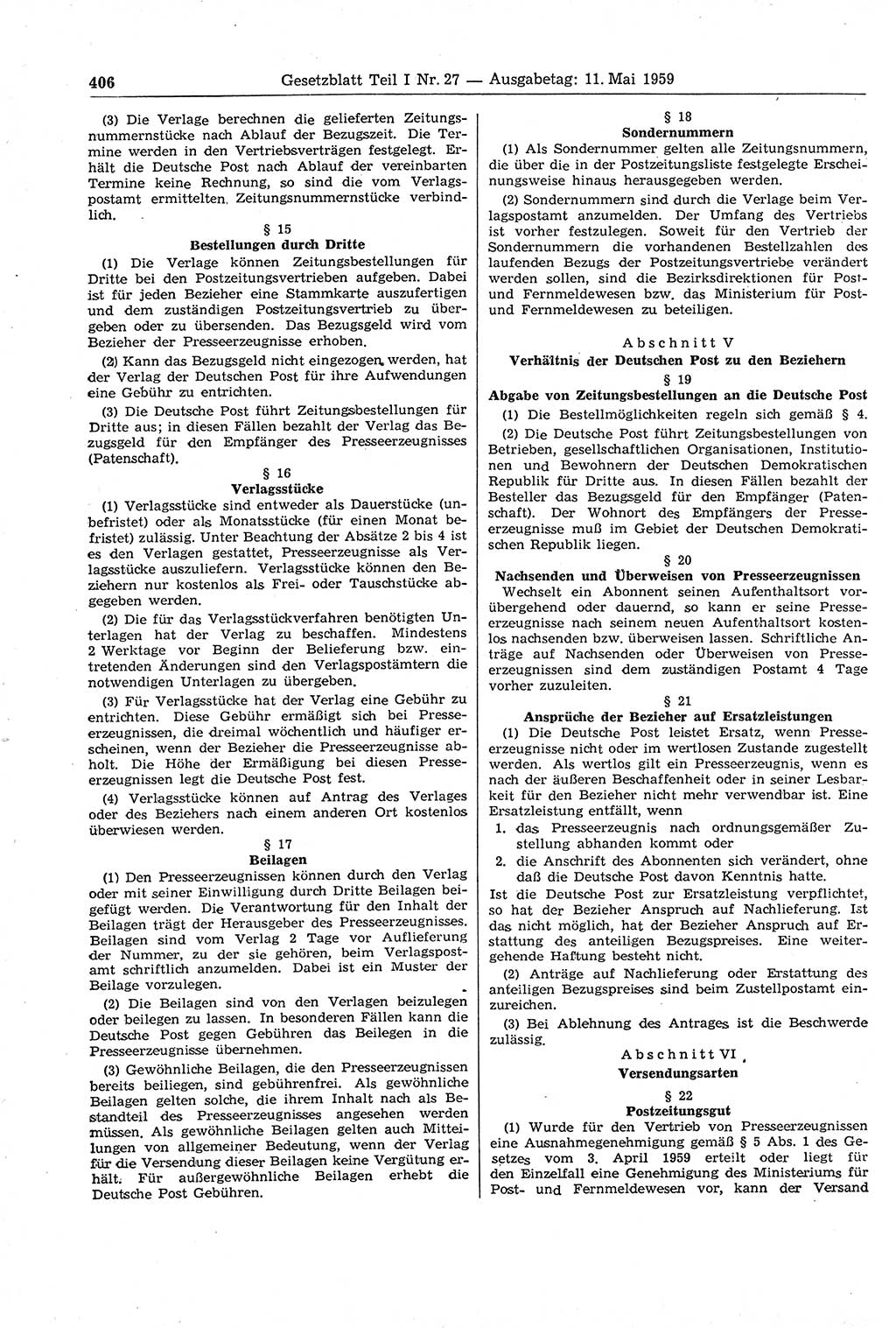 Gesetzblatt (GBl.) der Deutschen Demokratischen Republik (DDR) Teil Ⅰ 1959, Seite 406 (GBl. DDR Ⅰ 1959, S. 406)