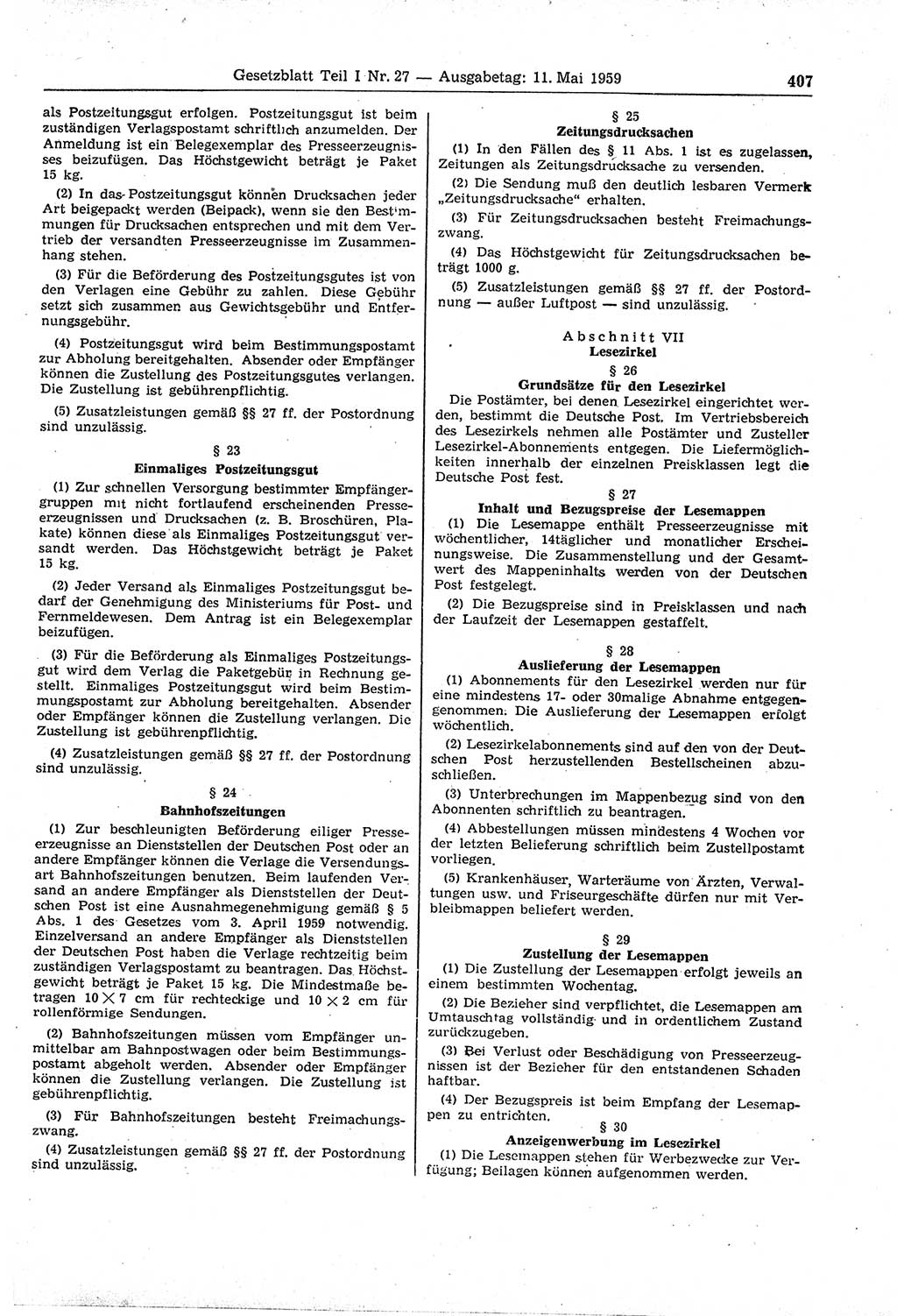 Gesetzblatt (GBl.) der Deutschen Demokratischen Republik (DDR) Teil Ⅰ 1959, Seite 407 (GBl. DDR Ⅰ 1959, S. 407)