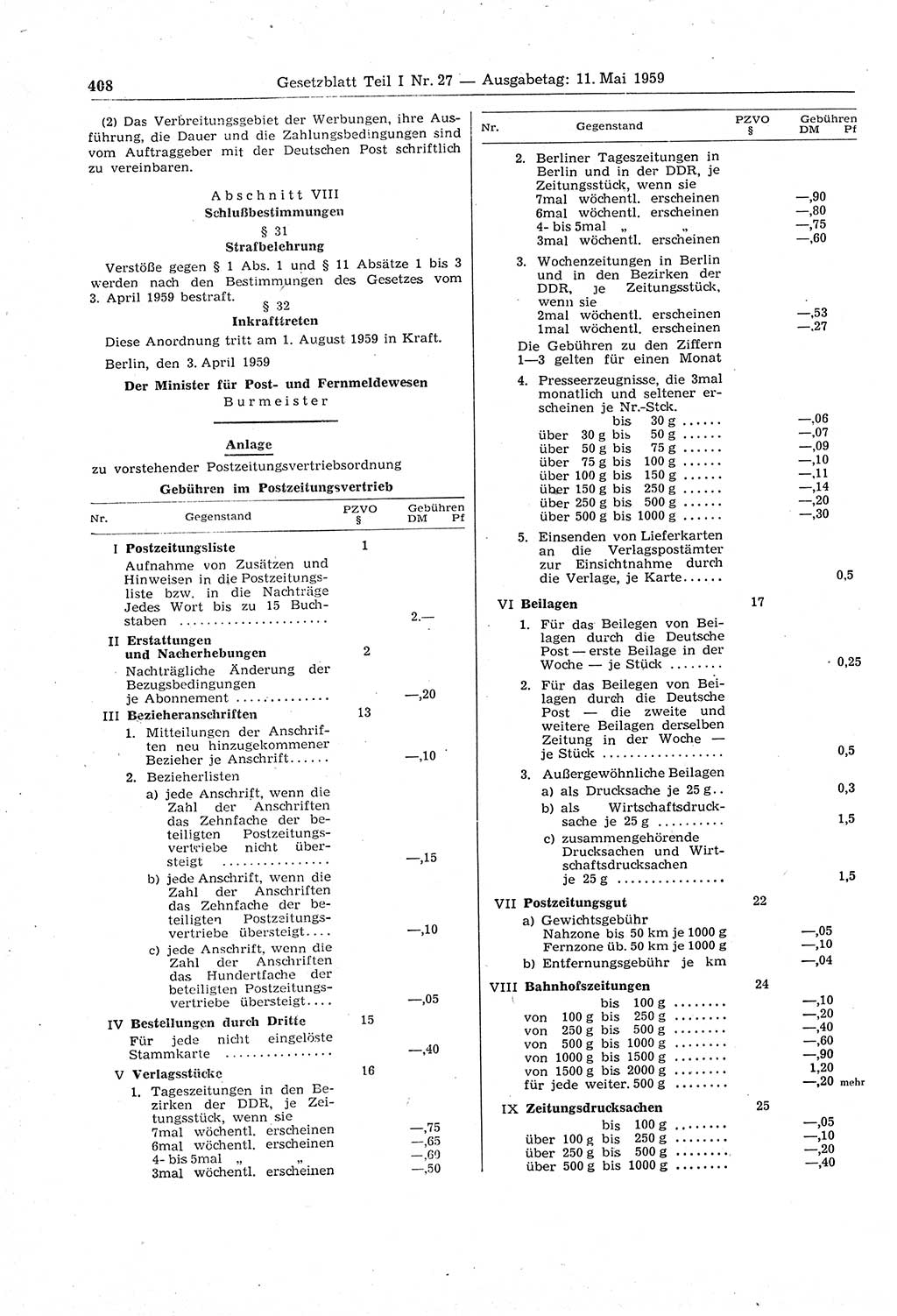 Gesetzblatt (GBl.) der Deutschen Demokratischen Republik (DDR) Teil Ⅰ 1959, Seite 408 (GBl. DDR Ⅰ 1959, S. 408)