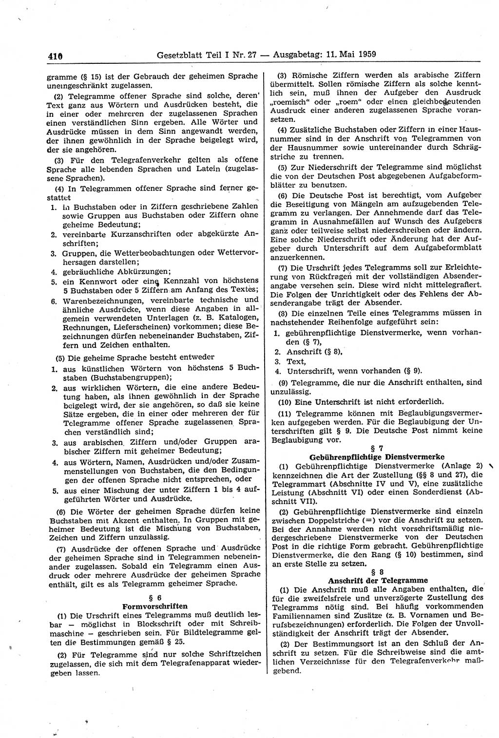 Gesetzblatt (GBl.) der Deutschen Demokratischen Republik (DDR) Teil Ⅰ 1959, Seite 410 (GBl. DDR Ⅰ 1959, S. 410)