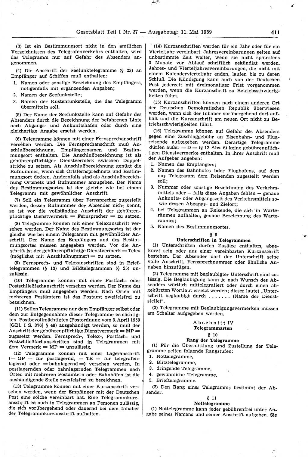 Gesetzblatt (GBl.) der Deutschen Demokratischen Republik (DDR) Teil Ⅰ 1959, Seite 411 (GBl. DDR Ⅰ 1959, S. 411)