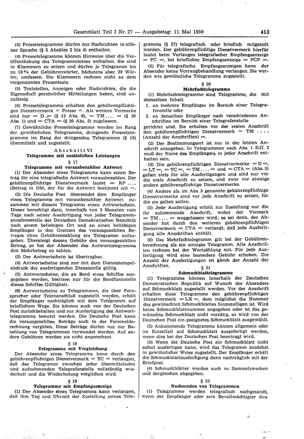 Gesetzblatt (GBl.) der Deutschen Demokratischen Republik (DDR) Teil Ⅰ 1959, Seite 413 (GBl. DDR Ⅰ 1959, S. 413)
