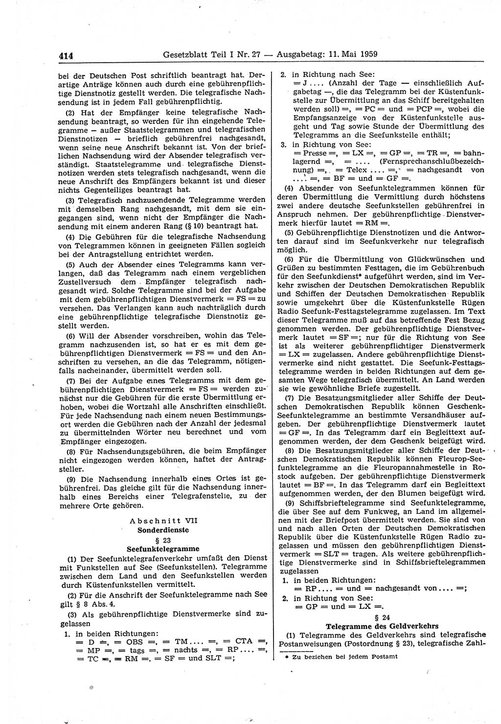 Gesetzblatt (GBl.) der Deutschen Demokratischen Republik (DDR) Teil Ⅰ 1959, Seite 414 (GBl. DDR Ⅰ 1959, S. 414)