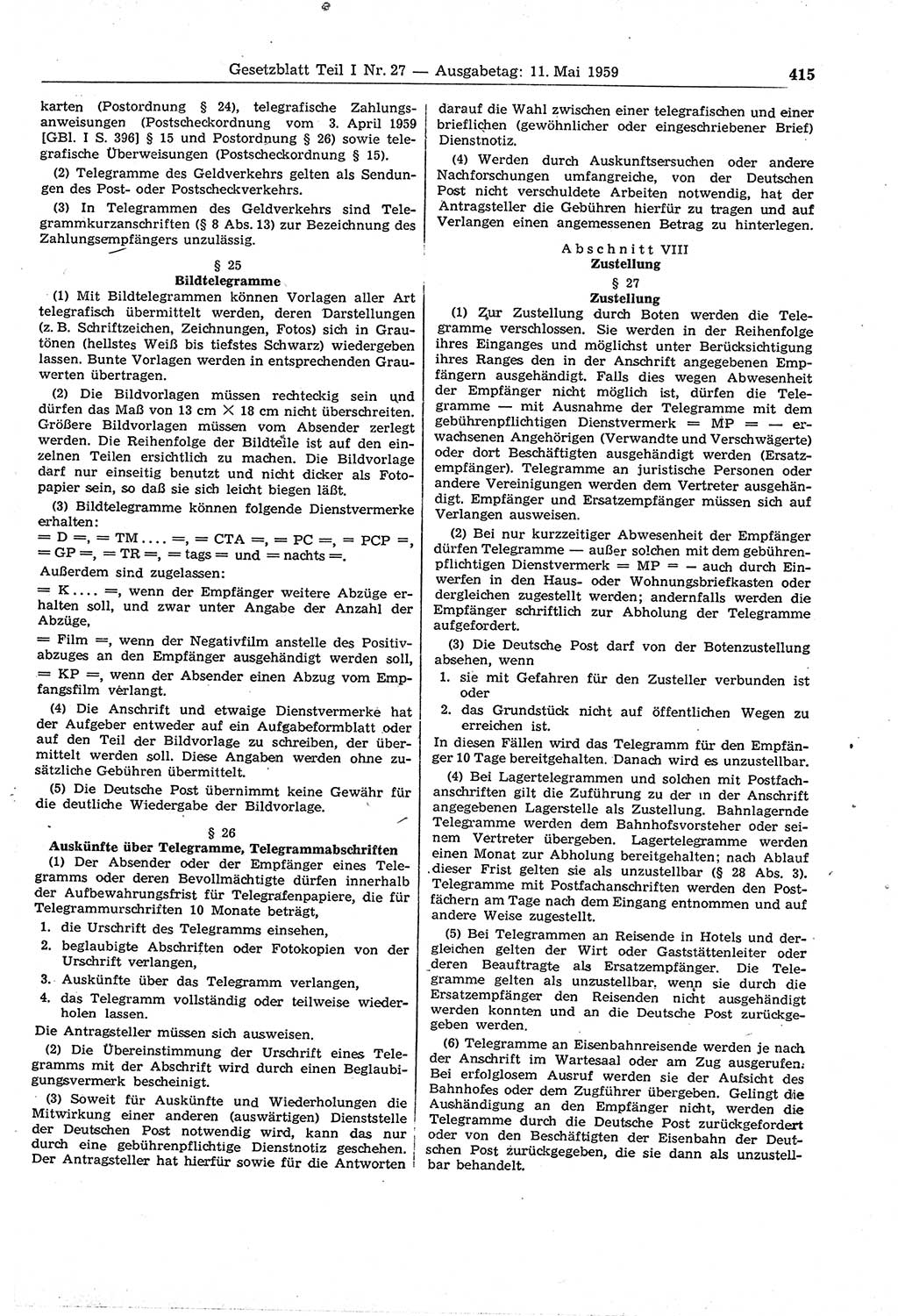 Gesetzblatt (GBl.) der Deutschen Demokratischen Republik (DDR) Teil Ⅰ 1959, Seite 415 (GBl. DDR Ⅰ 1959, S. 415)