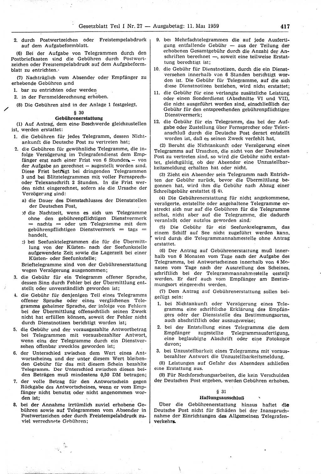 Gesetzblatt (GBl.) der Deutschen Demokratischen Republik (DDR) Teil Ⅰ 1959, Seite 417 (GBl. DDR Ⅰ 1959, S. 417)