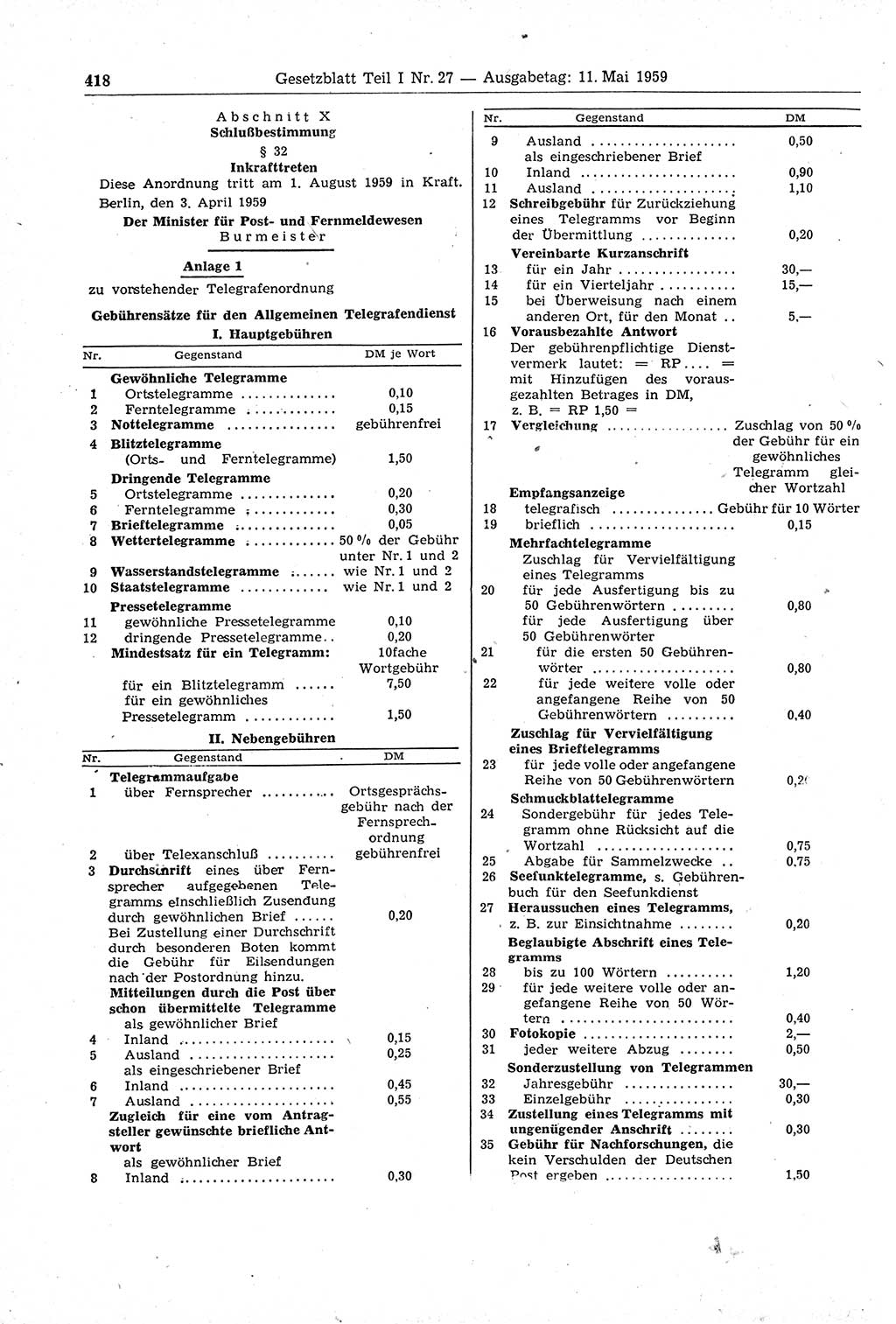 Gesetzblatt (GBl.) der Deutschen Demokratischen Republik (DDR) Teil Ⅰ 1959, Seite 418 (GBl. DDR Ⅰ 1959, S. 418)