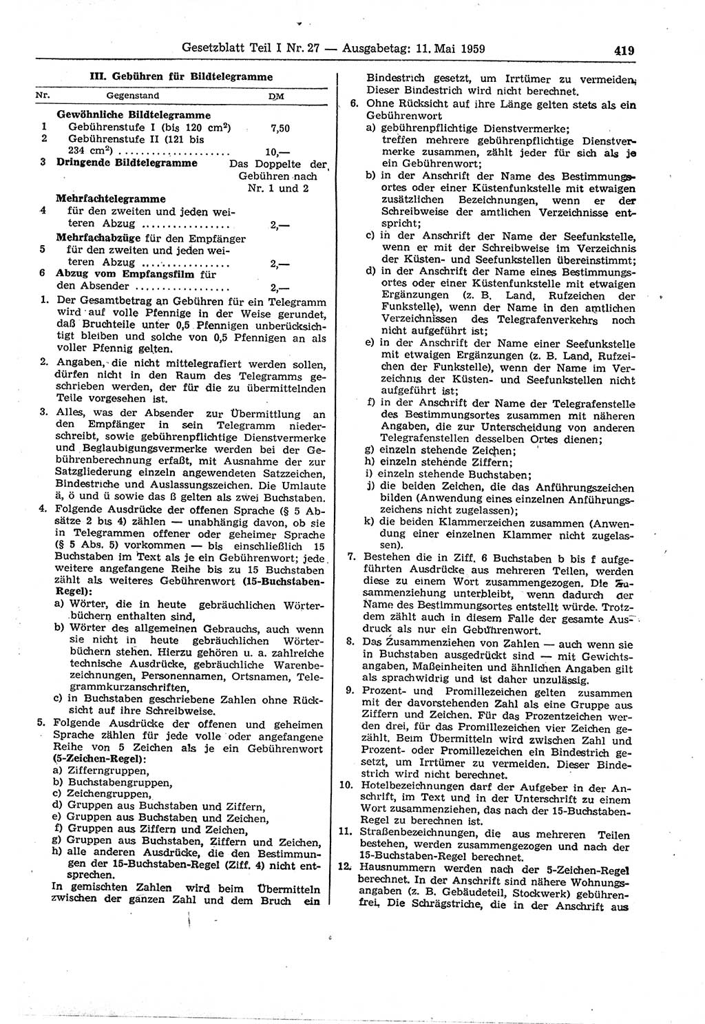 Gesetzblatt (GBl.) der Deutschen Demokratischen Republik (DDR) Teil Ⅰ 1959, Seite 419 (GBl. DDR Ⅰ 1959, S. 419)