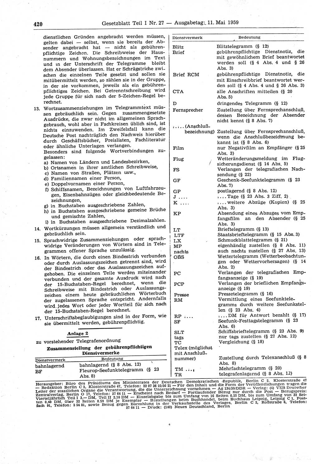 Gesetzblatt (GBl.) der Deutschen Demokratischen Republik (DDR) Teil Ⅰ 1959, Seite 420 (GBl. DDR Ⅰ 1959, S. 420)