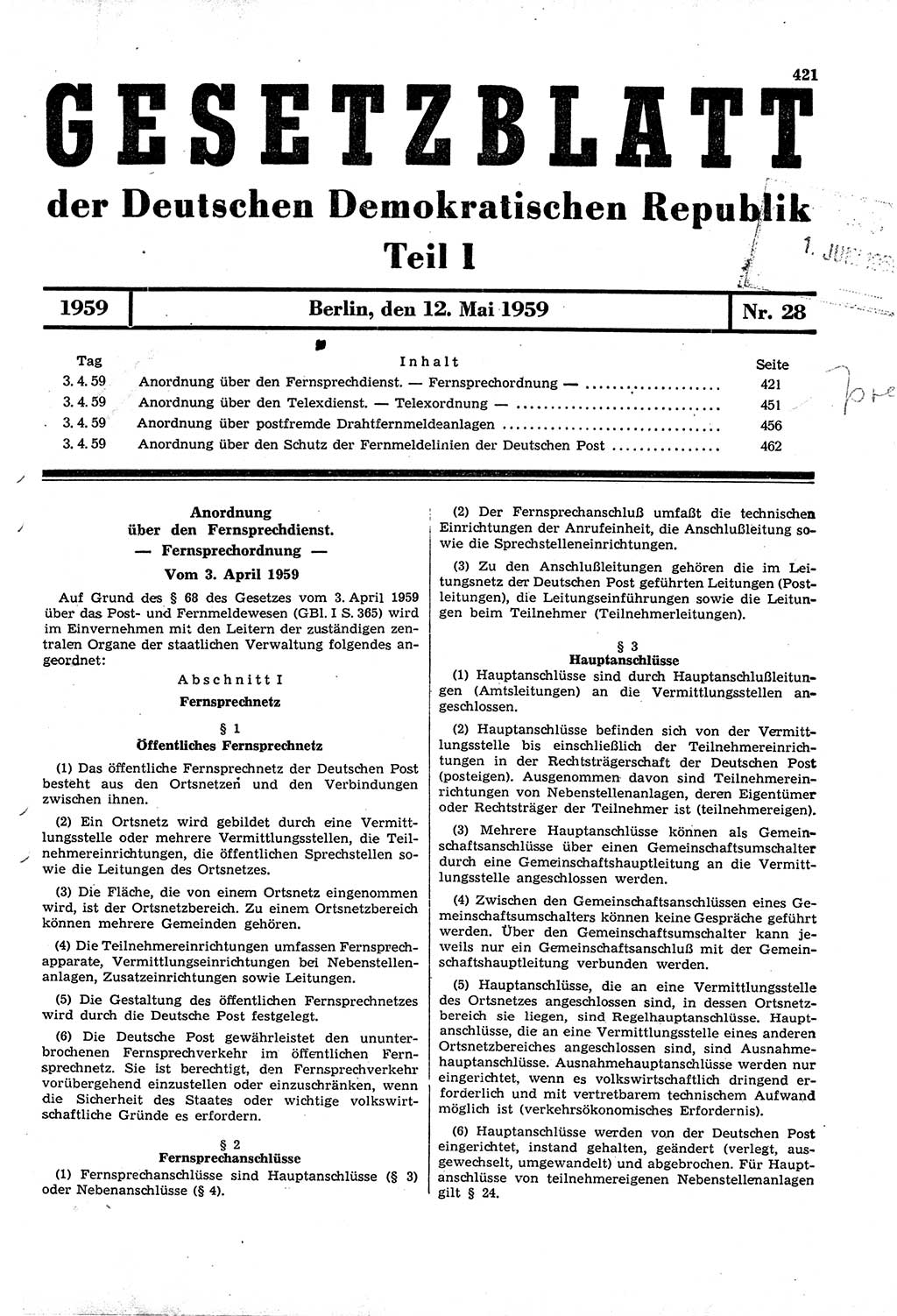 Gesetzblatt (GBl.) der Deutschen Demokratischen Republik (DDR) Teil Ⅰ 1959, Seite 421 (GBl. DDR Ⅰ 1959, S. 421)