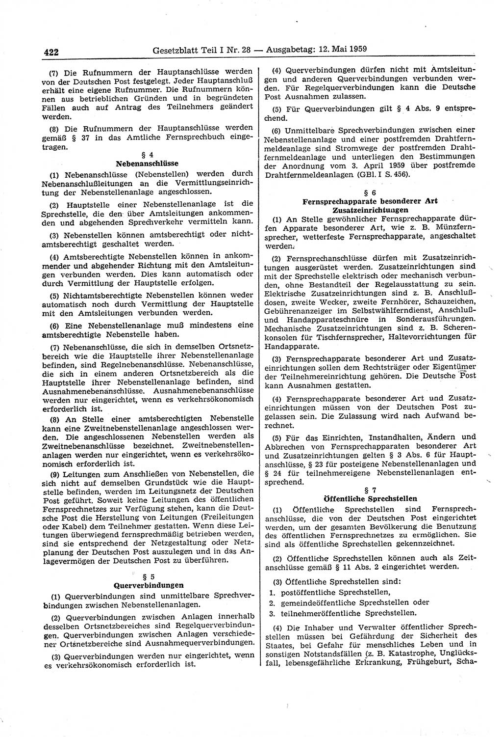 Gesetzblatt (GBl.) der Deutschen Demokratischen Republik (DDR) Teil Ⅰ 1959, Seite 422 (GBl. DDR Ⅰ 1959, S. 422)