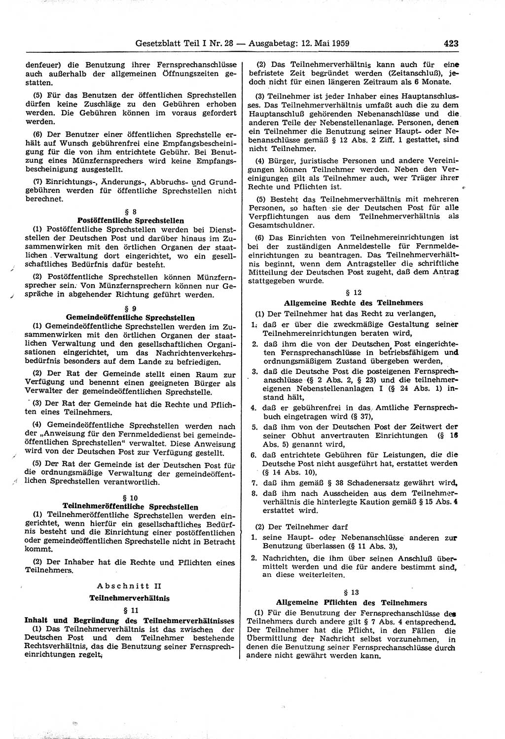 Gesetzblatt (GBl.) der Deutschen Demokratischen Republik (DDR) Teil Ⅰ 1959, Seite 423 (GBl. DDR Ⅰ 1959, S. 423)