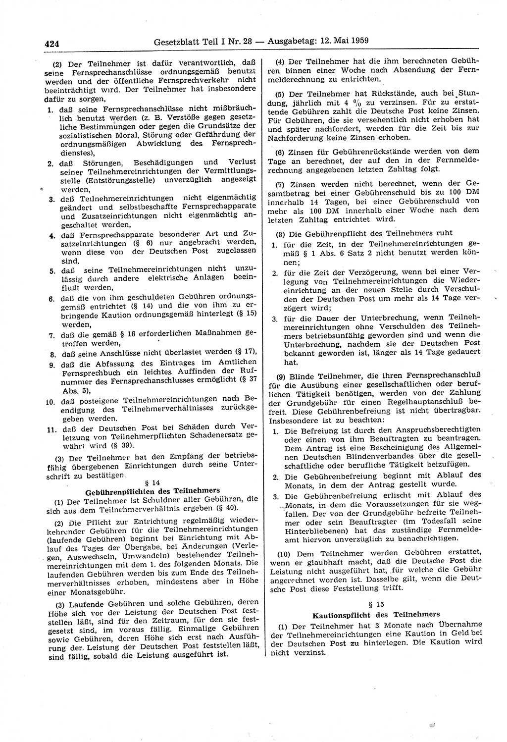 Gesetzblatt (GBl.) der Deutschen Demokratischen Republik (DDR) Teil Ⅰ 1959, Seite 424 (GBl. DDR Ⅰ 1959, S. 424)