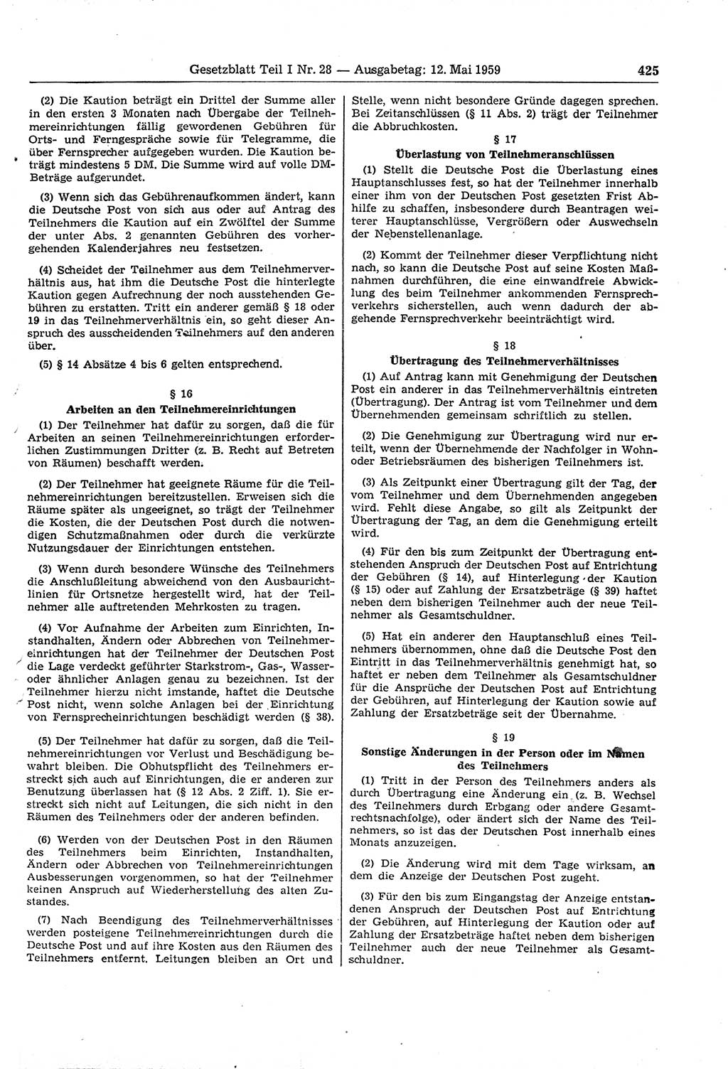 Gesetzblatt (GBl.) der Deutschen Demokratischen Republik (DDR) Teil Ⅰ 1959, Seite 425 (GBl. DDR Ⅰ 1959, S. 425)