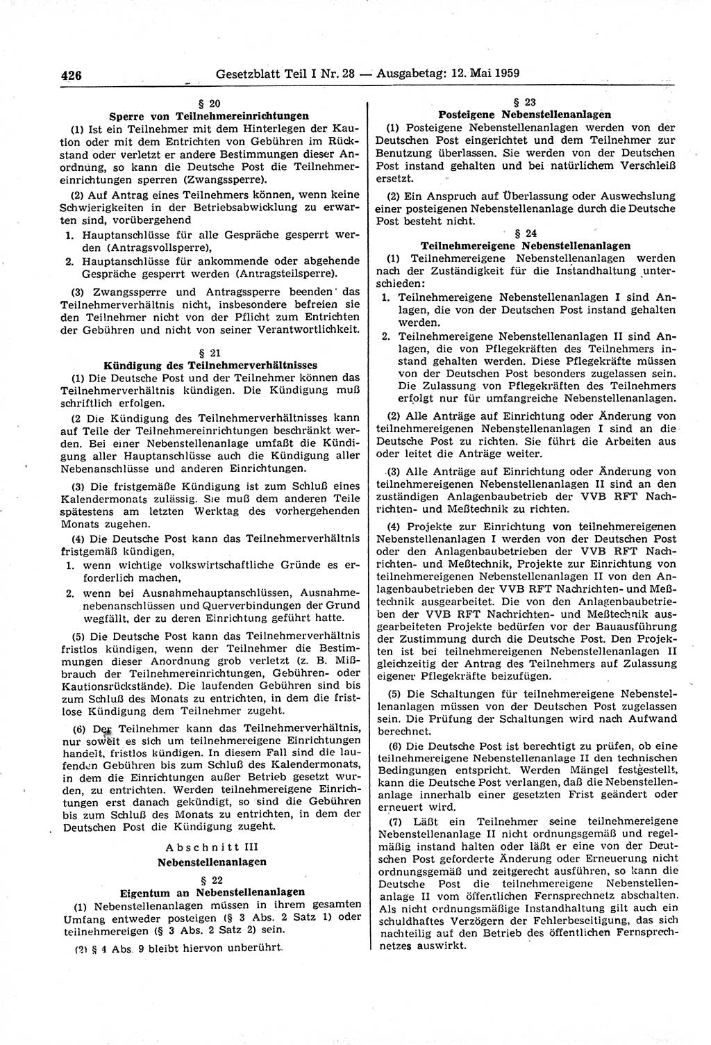 Gesetzblatt (GBl.) der Deutschen Demokratischen Republik (DDR) Teil Ⅰ 1959, Seite 426 (GBl. DDR Ⅰ 1959, S. 426)