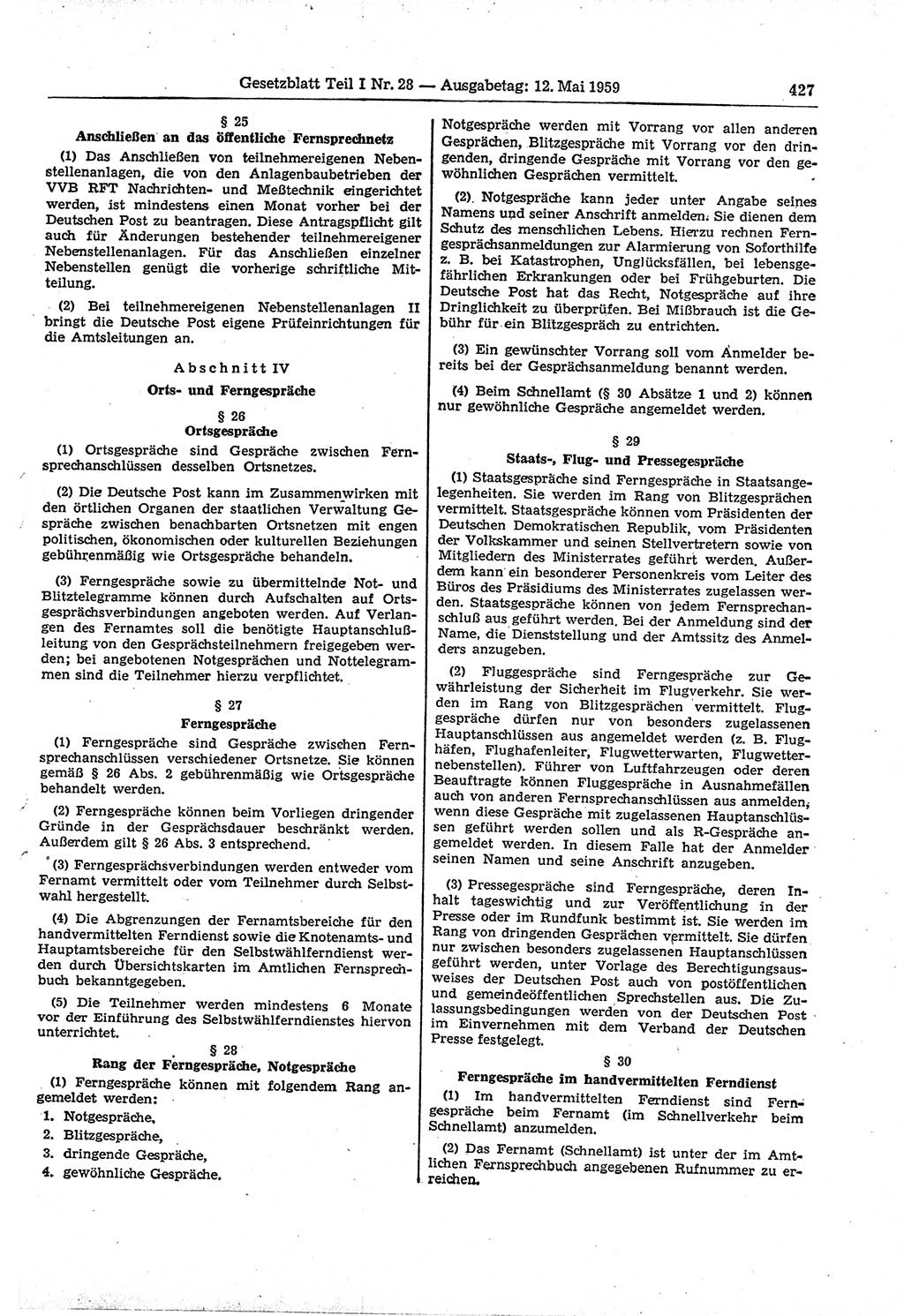 Gesetzblatt (GBl.) der Deutschen Demokratischen Republik (DDR) Teil Ⅰ 1959, Seite 427 (GBl. DDR Ⅰ 1959, S. 427)