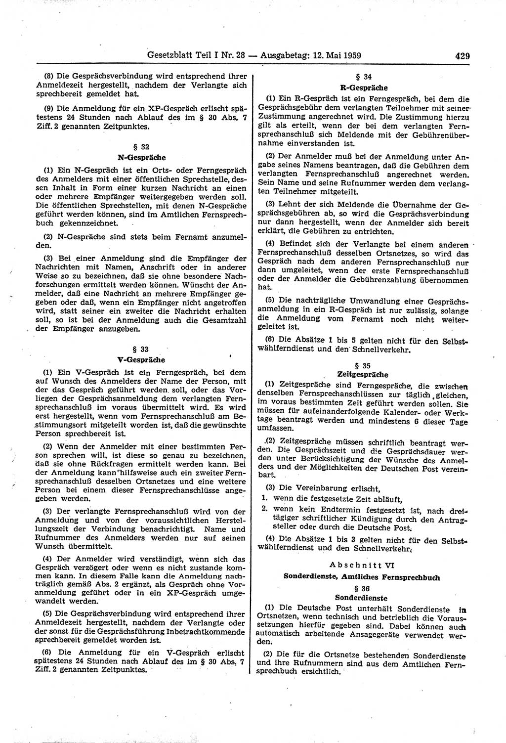 Gesetzblatt (GBl.) der Deutschen Demokratischen Republik (DDR) Teil Ⅰ 1959, Seite 429 (GBl. DDR Ⅰ 1959, S. 429)