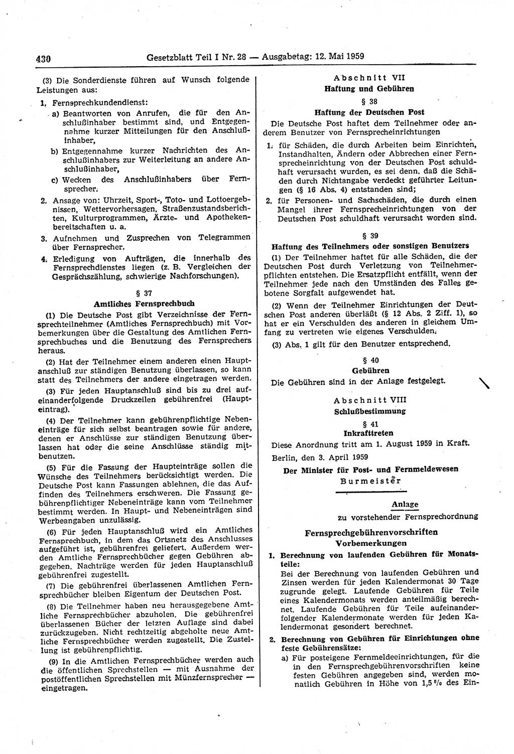 Gesetzblatt (GBl.) der Deutschen Demokratischen Republik (DDR) Teil Ⅰ 1959, Seite 430 (GBl. DDR Ⅰ 1959, S. 430)