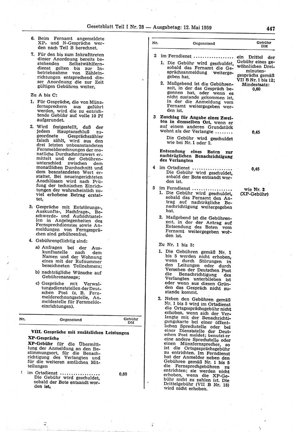 Gesetzblatt (GBl.) der Deutschen Demokratischen Republik (DDR) Teil Ⅰ 1959, Seite 447 (GBl. DDR Ⅰ 1959, S. 447)