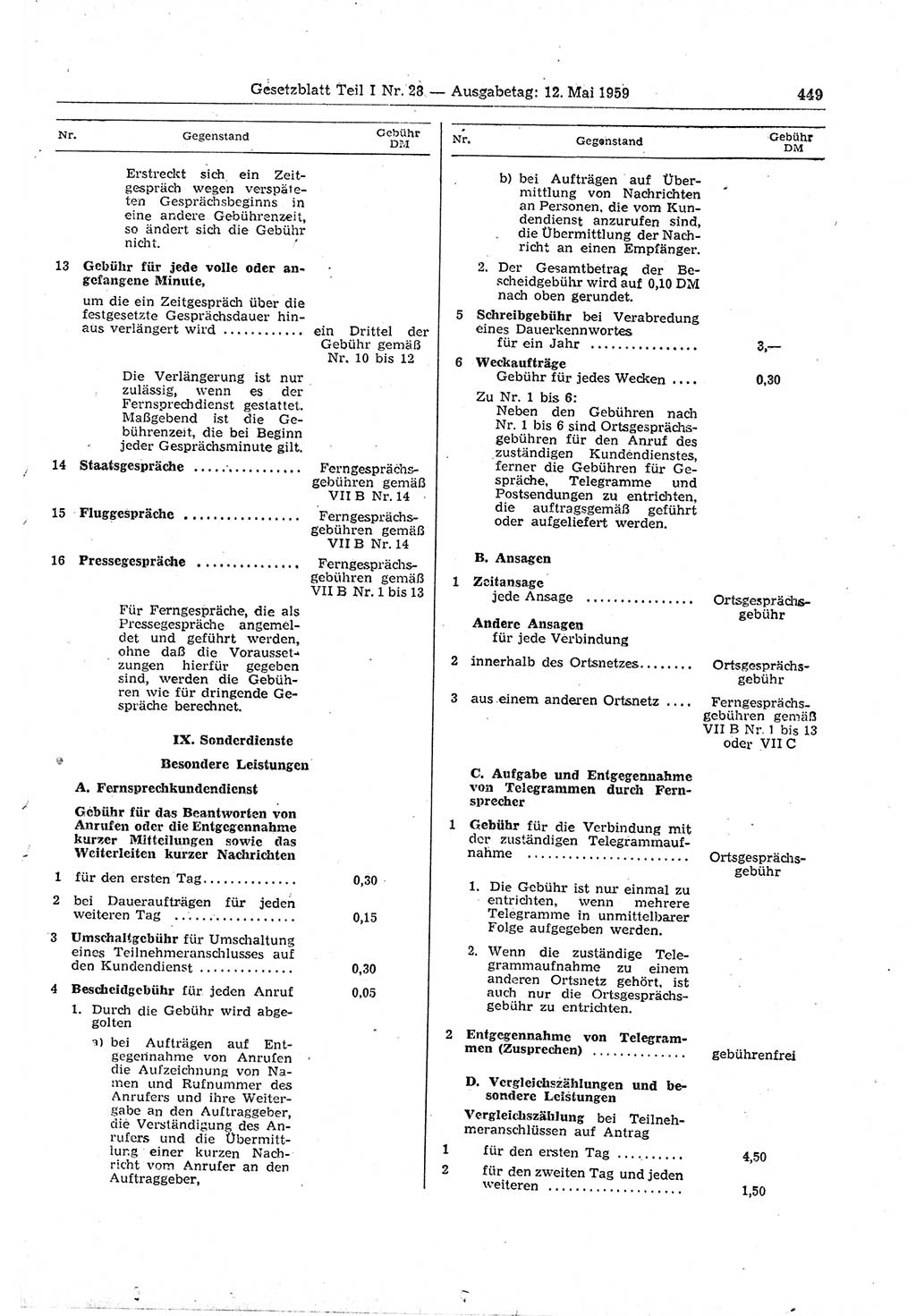 Gesetzblatt (GBl.) der Deutschen Demokratischen Republik (DDR) Teil Ⅰ 1959, Seite 449 (GBl. DDR Ⅰ 1959, S. 449)