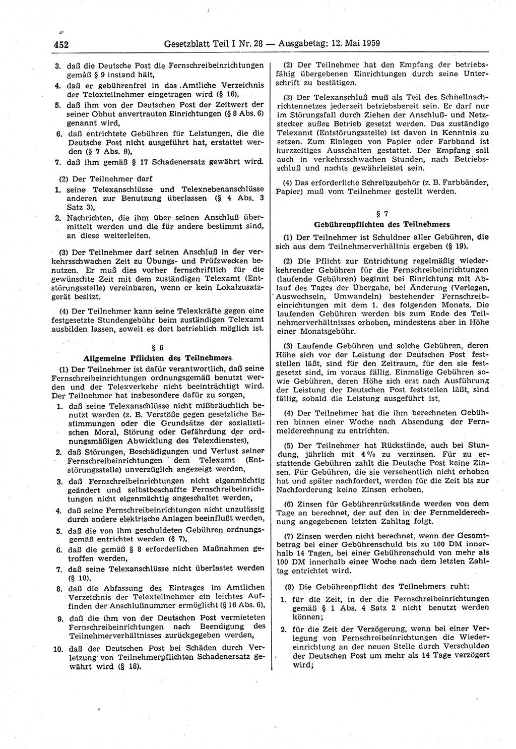 Gesetzblatt (GBl.) der Deutschen Demokratischen Republik (DDR) Teil Ⅰ 1959, Seite 452 (GBl. DDR Ⅰ 1959, S. 452)