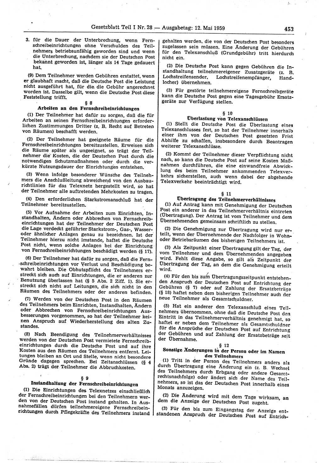 Gesetzblatt (GBl.) der Deutschen Demokratischen Republik (DDR) Teil Ⅰ 1959, Seite 453 (GBl. DDR Ⅰ 1959, S. 453)