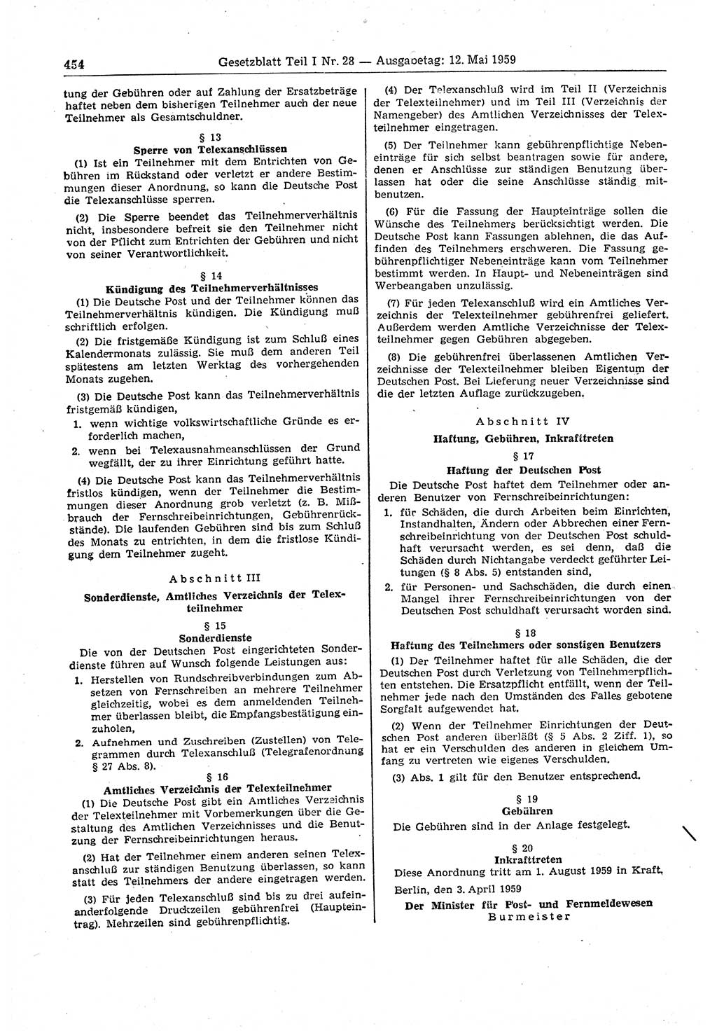 Gesetzblatt (GBl.) der Deutschen Demokratischen Republik (DDR) Teil Ⅰ 1959, Seite 454 (GBl. DDR Ⅰ 1959, S. 454)