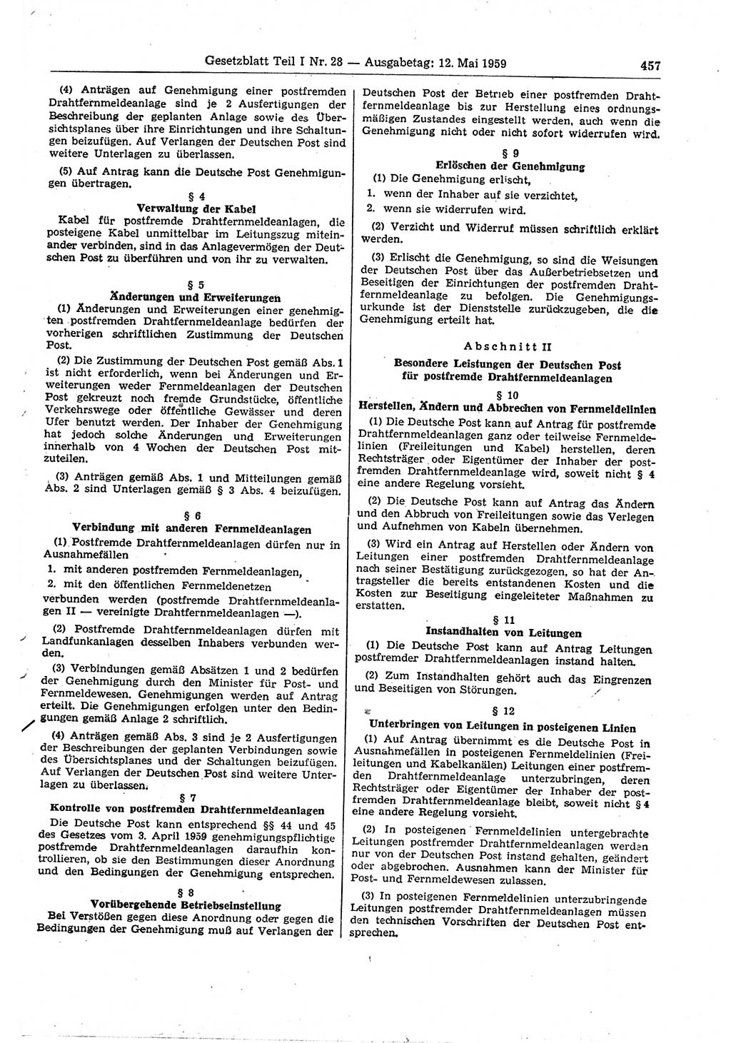 Gesetzblatt (GBl.) der Deutschen Demokratischen Republik (DDR) Teil Ⅰ 1959, Seite 457 (GBl. DDR Ⅰ 1959, S. 457)