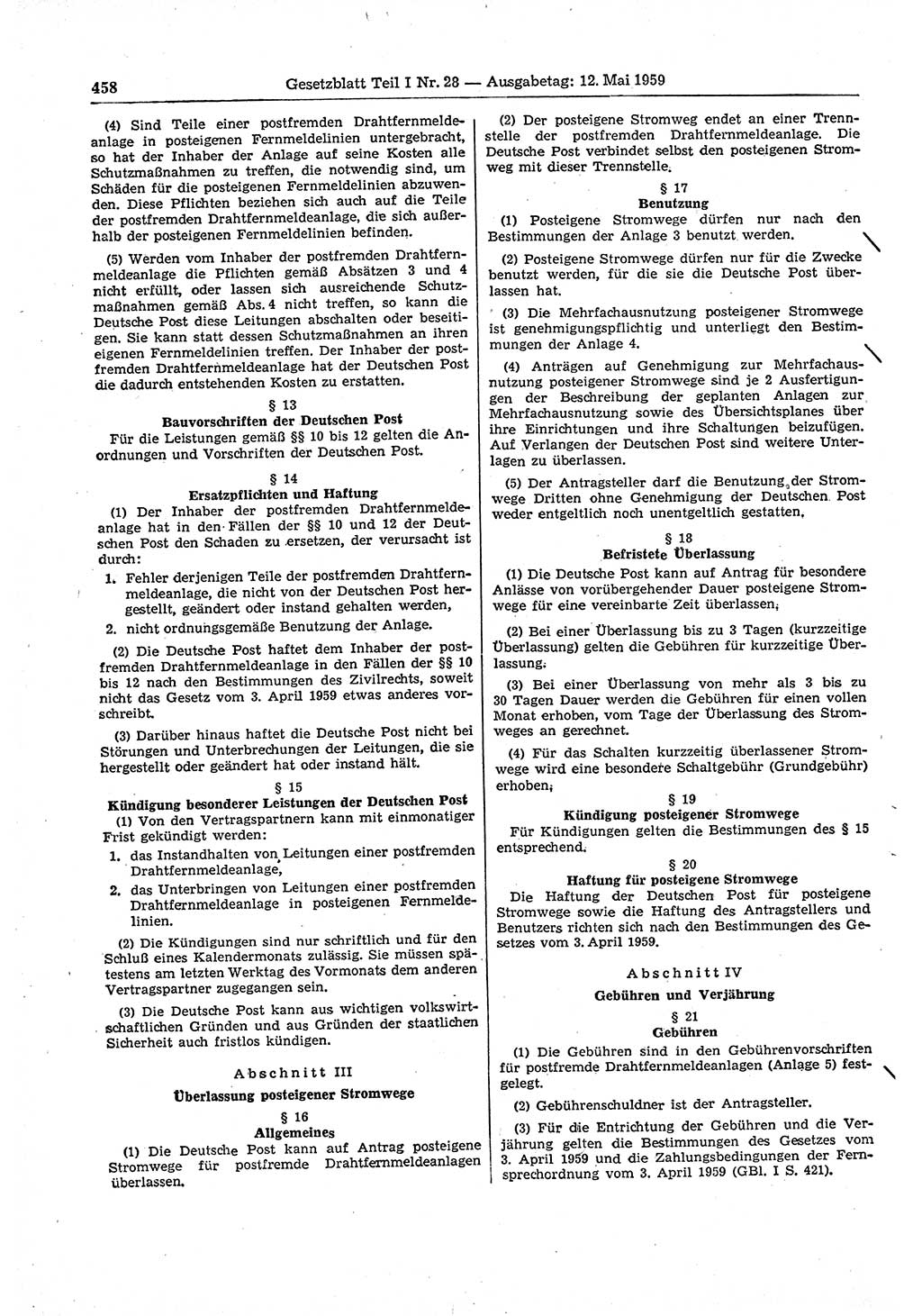 Gesetzblatt (GBl.) der Deutschen Demokratischen Republik (DDR) Teil Ⅰ 1959, Seite 458 (GBl. DDR Ⅰ 1959, S. 458)