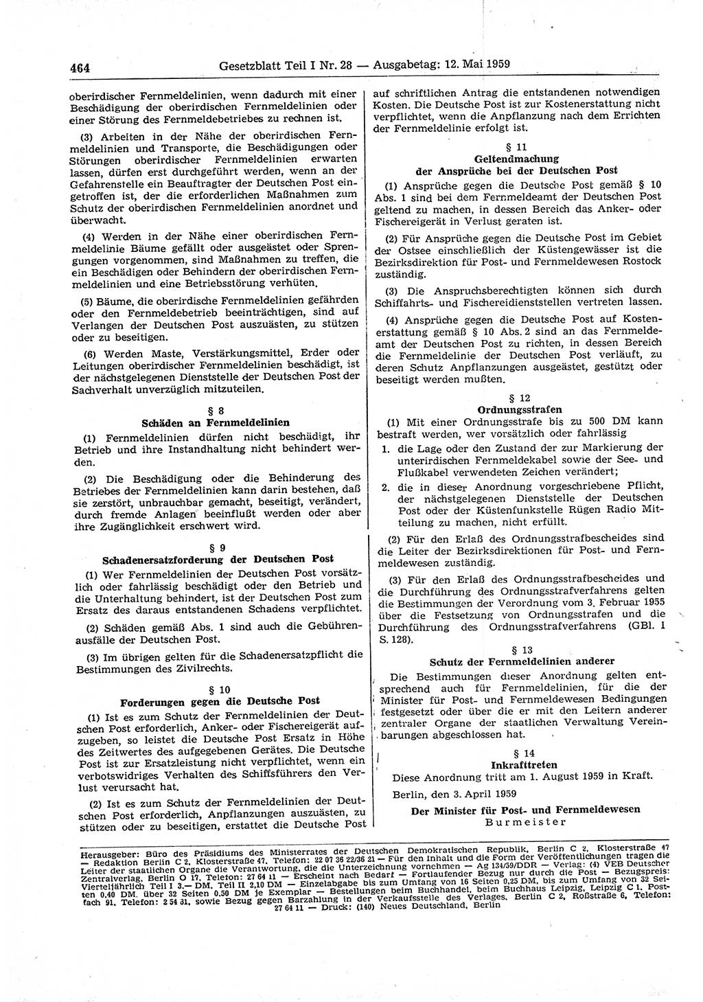 Gesetzblatt (GBl.) der Deutschen Demokratischen Republik (DDR) Teil Ⅰ 1959, Seite 464 (GBl. DDR Ⅰ 1959, S. 464)