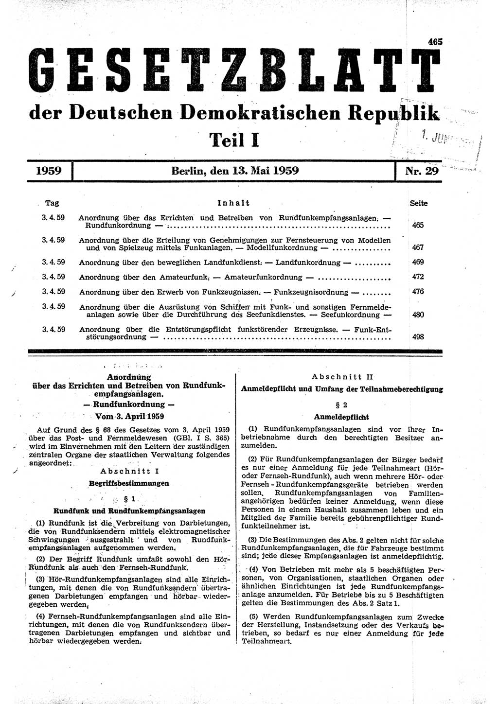 Gesetzblatt (GBl.) der Deutschen Demokratischen Republik (DDR) Teil Ⅰ 1959, Seite 465 (GBl. DDR Ⅰ 1959, S. 465)