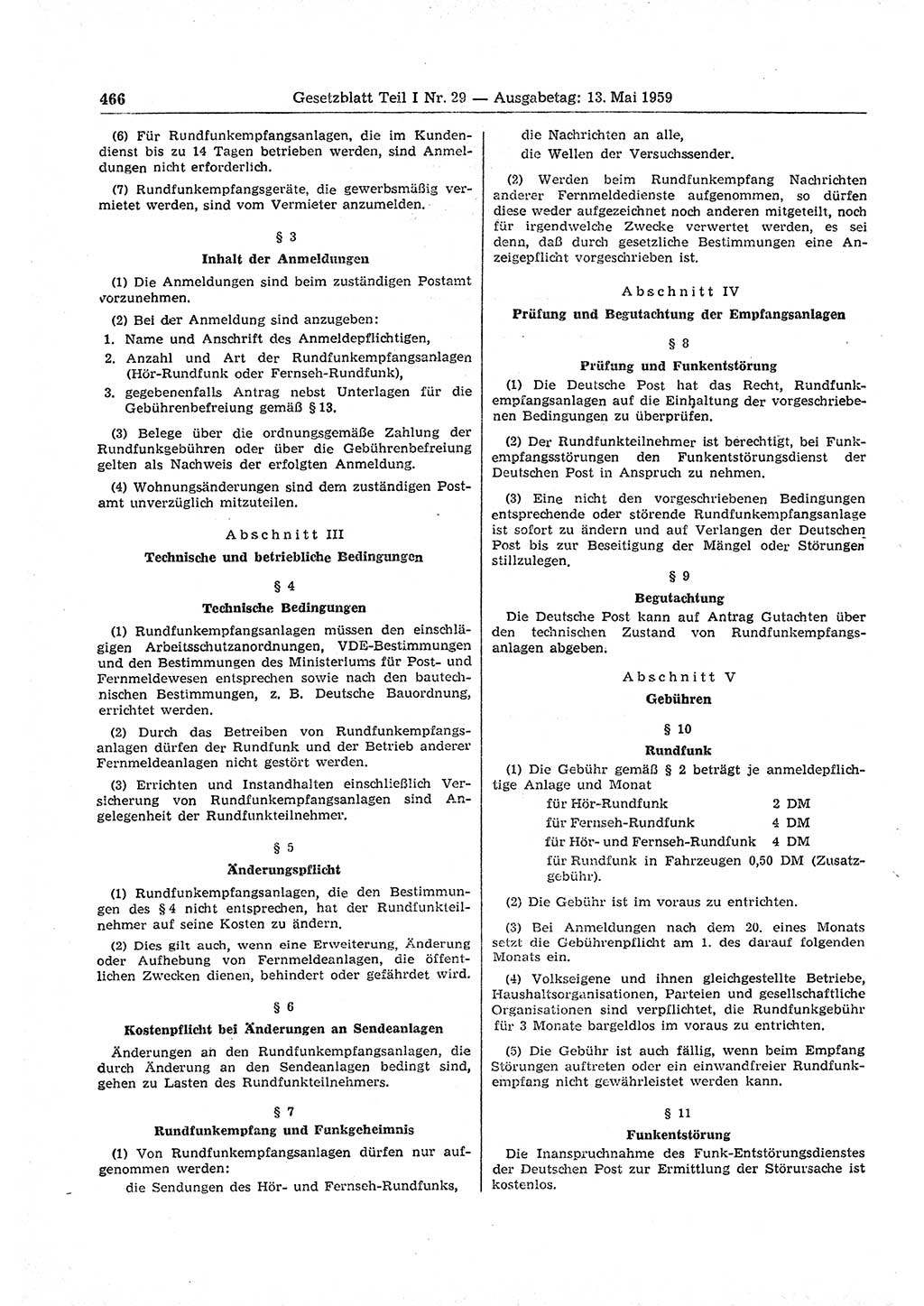 Gesetzblatt (GBl.) der Deutschen Demokratischen Republik (DDR) Teil Ⅰ 1959, Seite 466 (GBl. DDR Ⅰ 1959, S. 466)
