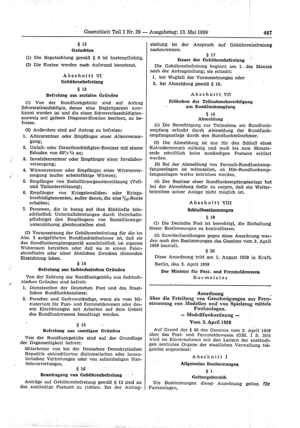 Gesetzblatt (GBl.) der Deutschen Demokratischen Republik (DDR) Teil Ⅰ 1959, Seite 467 (GBl. DDR Ⅰ 1959, S. 467)