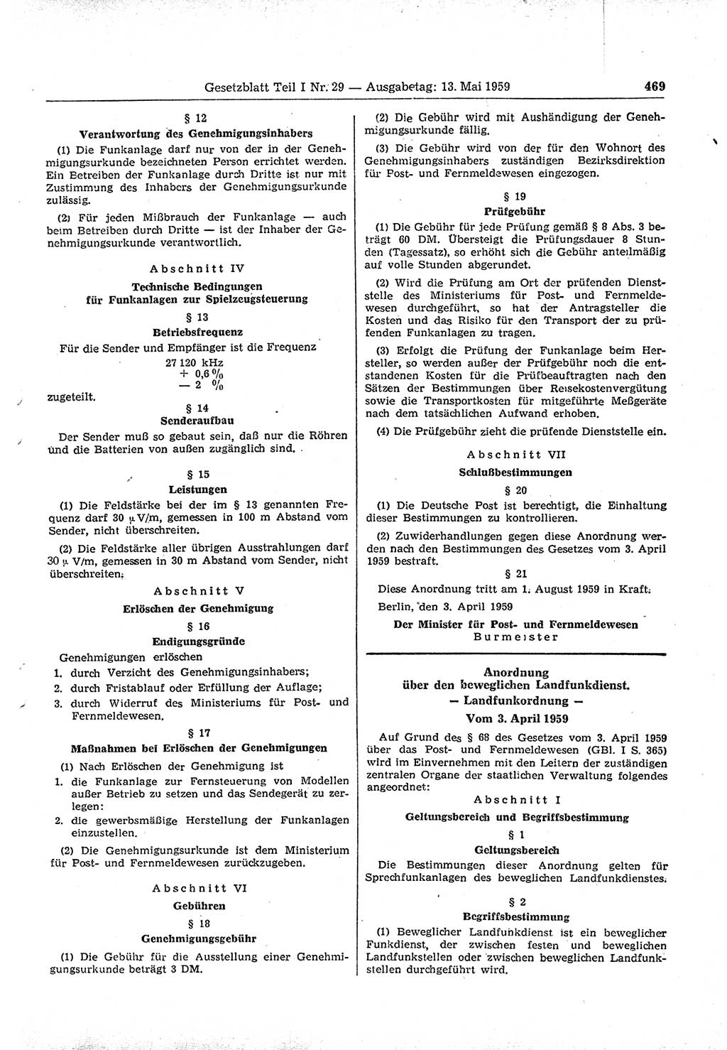 Gesetzblatt (GBl.) der Deutschen Demokratischen Republik (DDR) Teil Ⅰ 1959, Seite 469 (GBl. DDR Ⅰ 1959, S. 469)