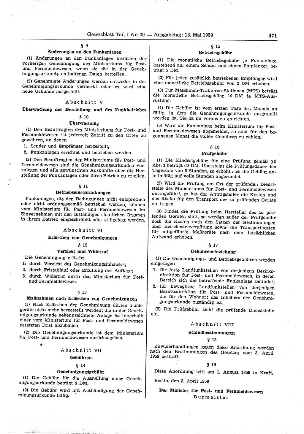 Gesetzblatt (GBl.) der Deutschen Demokratischen Republik (DDR) Teil Ⅰ 1959, Seite 471 (GBl. DDR Ⅰ 1959, S. 471)