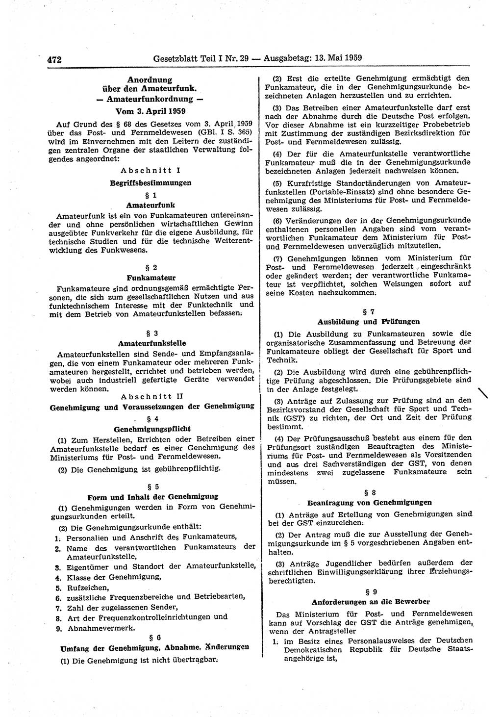 Gesetzblatt (GBl.) der Deutschen Demokratischen Republik (DDR) Teil Ⅰ 1959, Seite 472 (GBl. DDR Ⅰ 1959, S. 472)