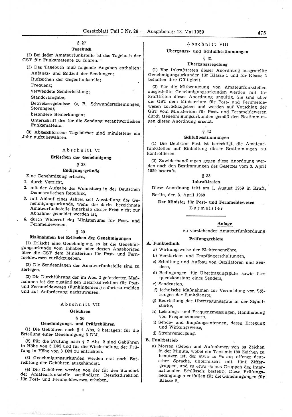 Gesetzblatt (GBl.) der Deutschen Demokratischen Republik (DDR) Teil Ⅰ 1959, Seite 475 (GBl. DDR Ⅰ 1959, S. 475)