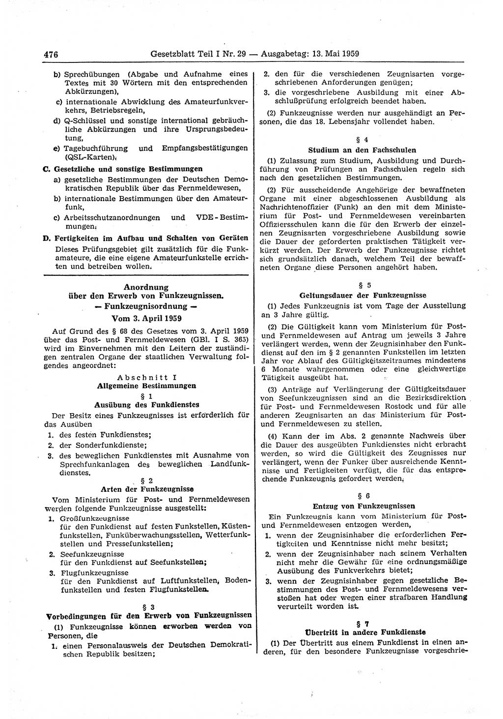 Gesetzblatt (GBl.) der Deutschen Demokratischen Republik (DDR) Teil Ⅰ 1959, Seite 476 (GBl. DDR Ⅰ 1959, S. 476)