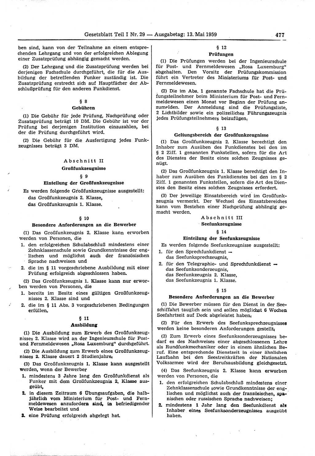 Gesetzblatt (GBl.) der Deutschen Demokratischen Republik (DDR) Teil Ⅰ 1959, Seite 477 (GBl. DDR Ⅰ 1959, S. 477)